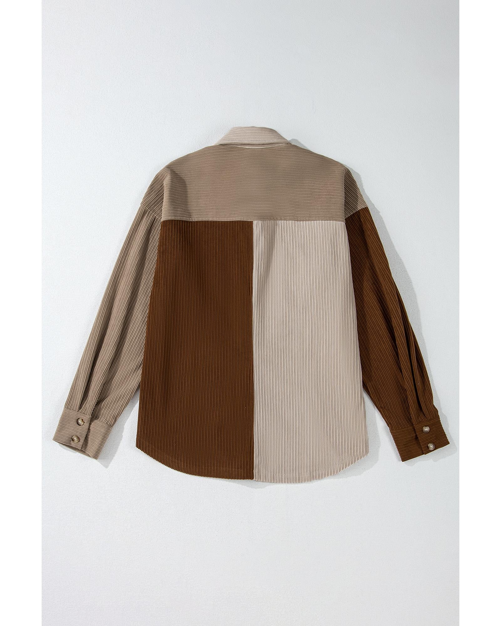 Brown Color Block Chest Pockets Buttoned Corduroy Shacket - S 7