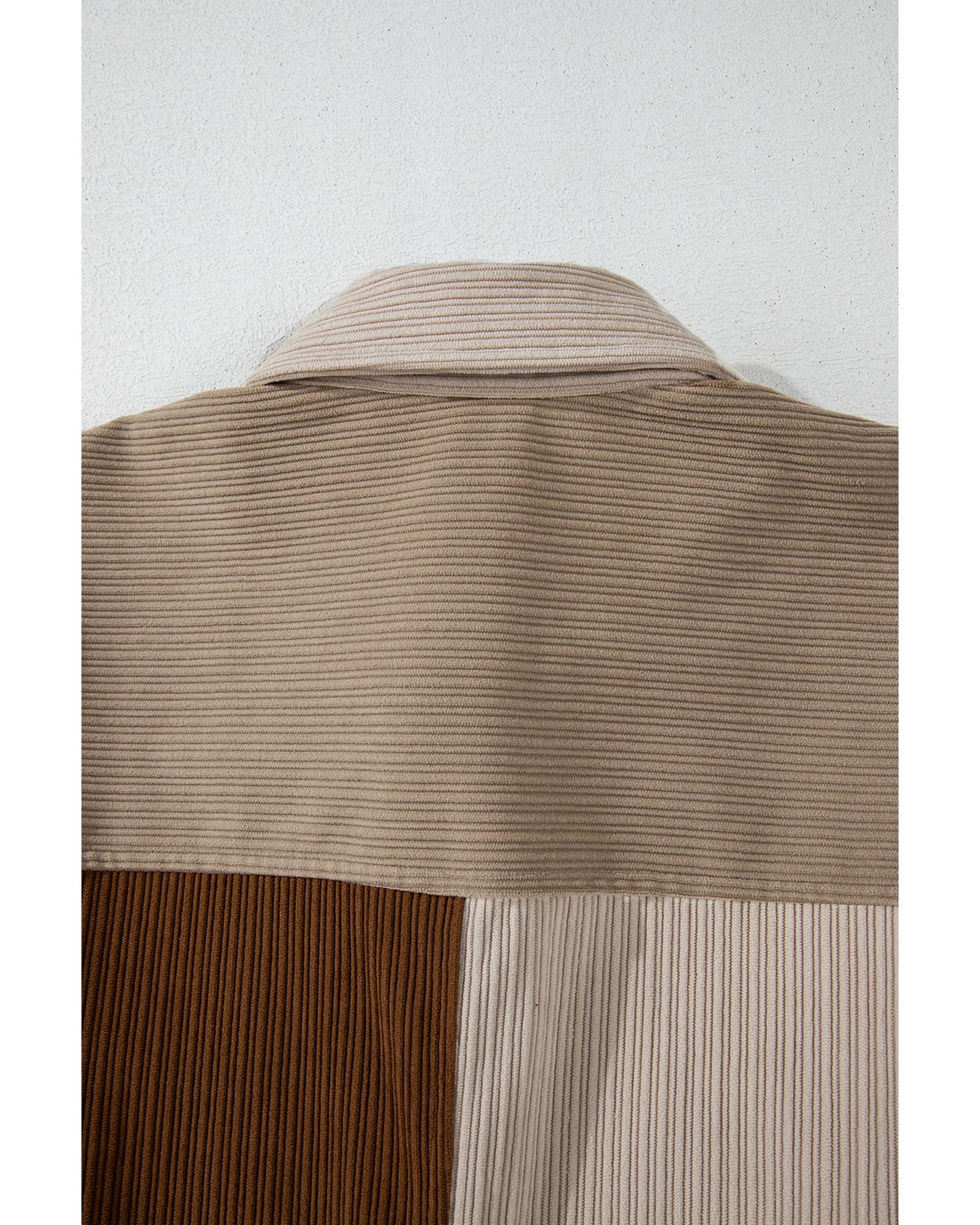 Brown Color Block Chest Pockets Buttoned Corduroy Shacket - S 8