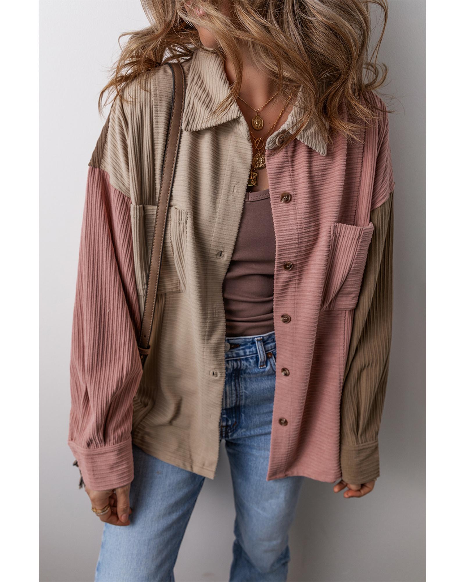 Mineral Red Color Block Chest Pockets Buttoned Corduroy Shacket - M 4