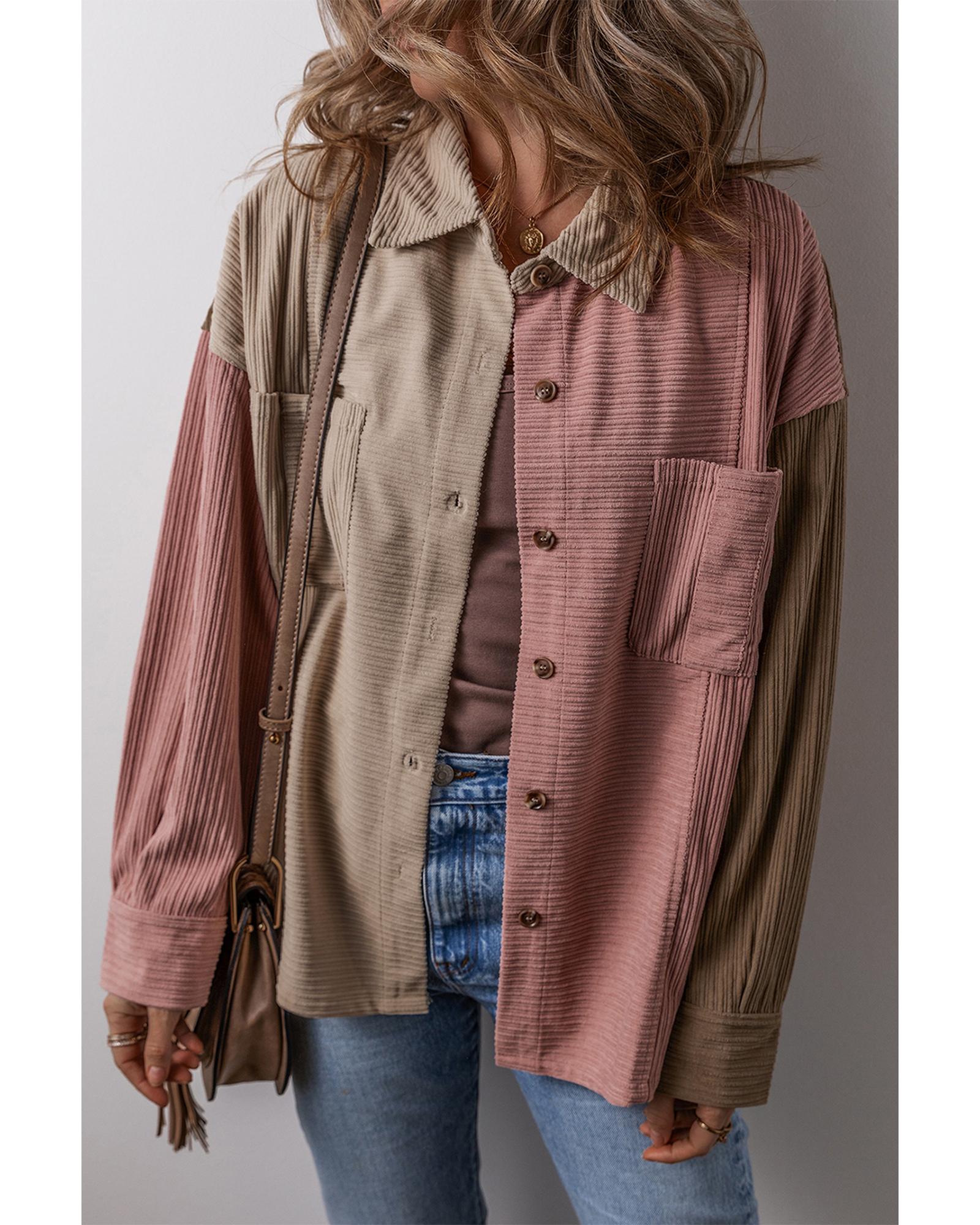 Mineral Red Color Block Chest Pockets Buttoned Corduroy Shacket - S 3