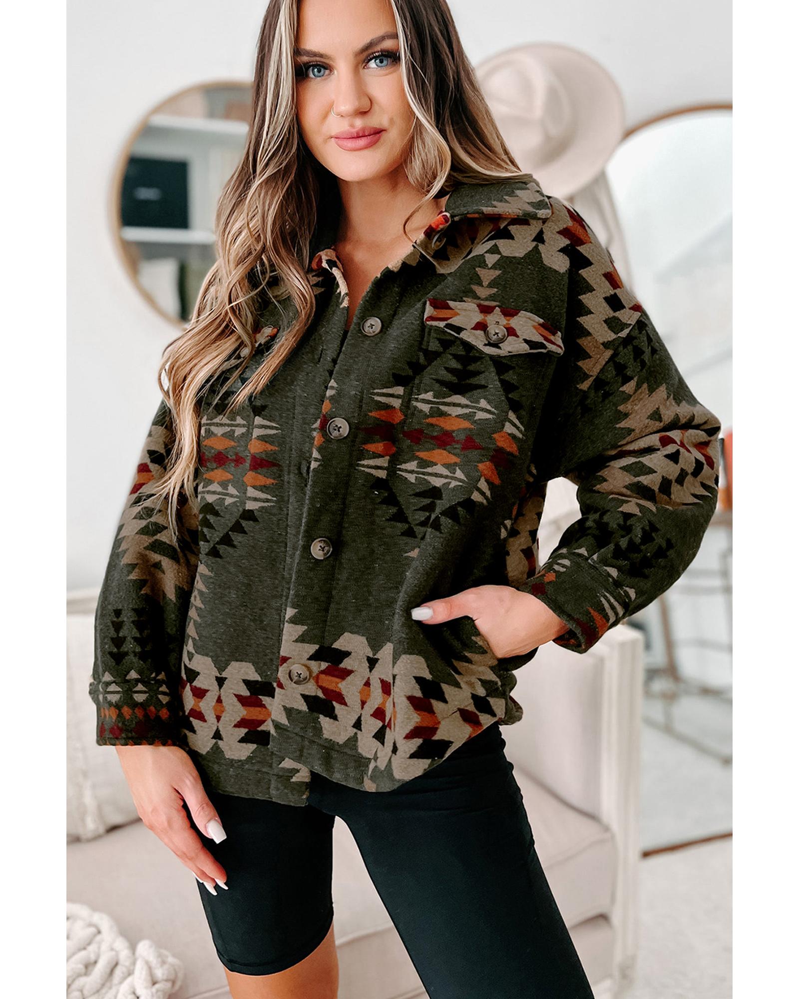 Green Aztec Print Flap Pockets Long Sleeve Shacket - XL 4