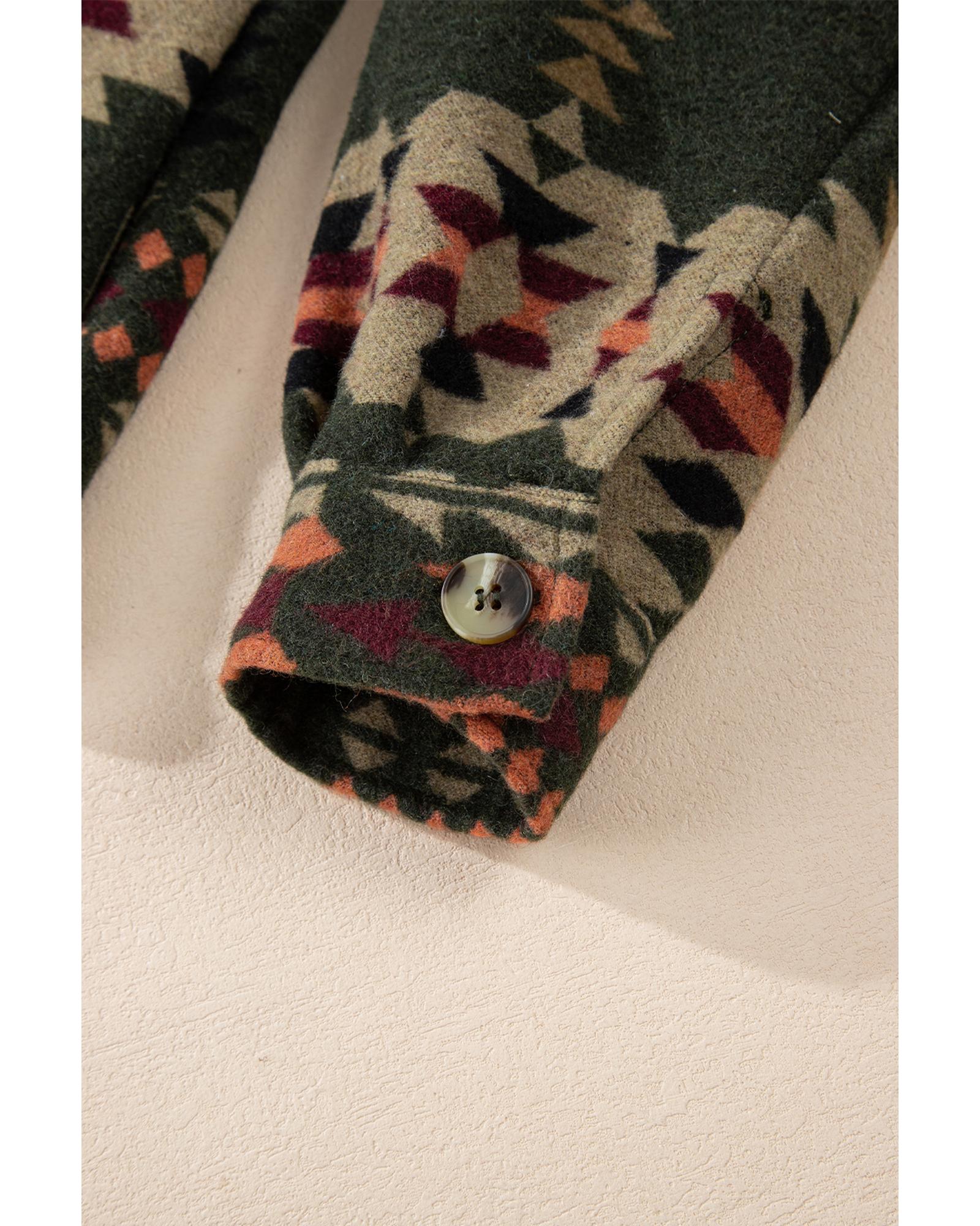 Green Aztec Print Flap Pockets Long Sleeve Shacket - XL 6