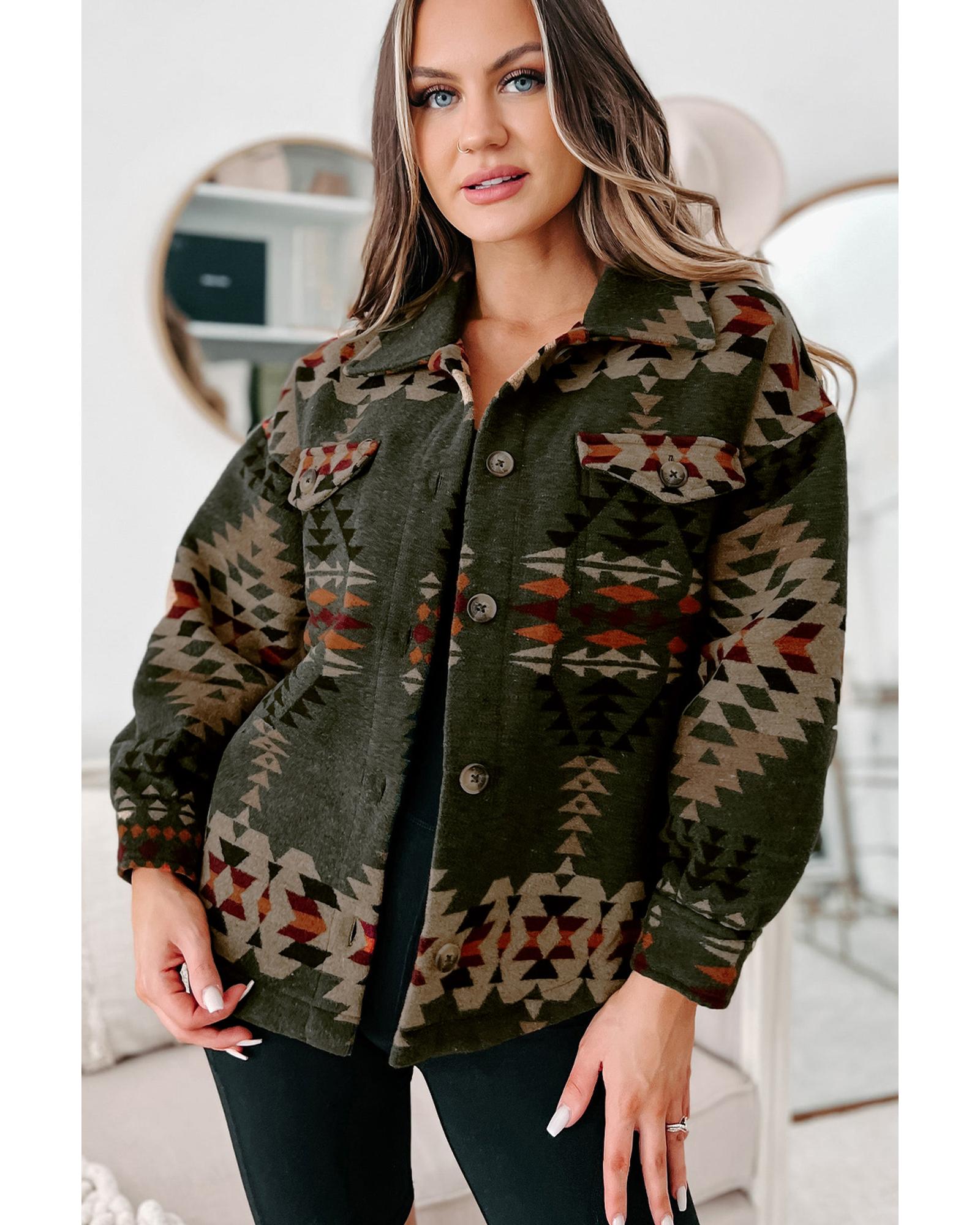 Green Aztec Print Flap Pockets Long Sleeve Shacket - XL 8