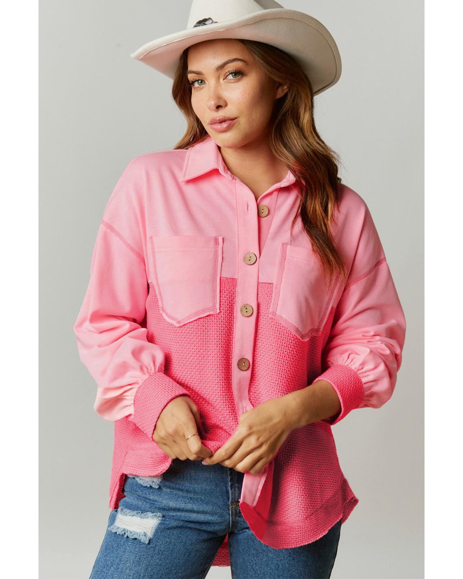 Peach Blossom Two Tone Contrast Waffle Knit Buttoned Loose Shacket - 2XL 6