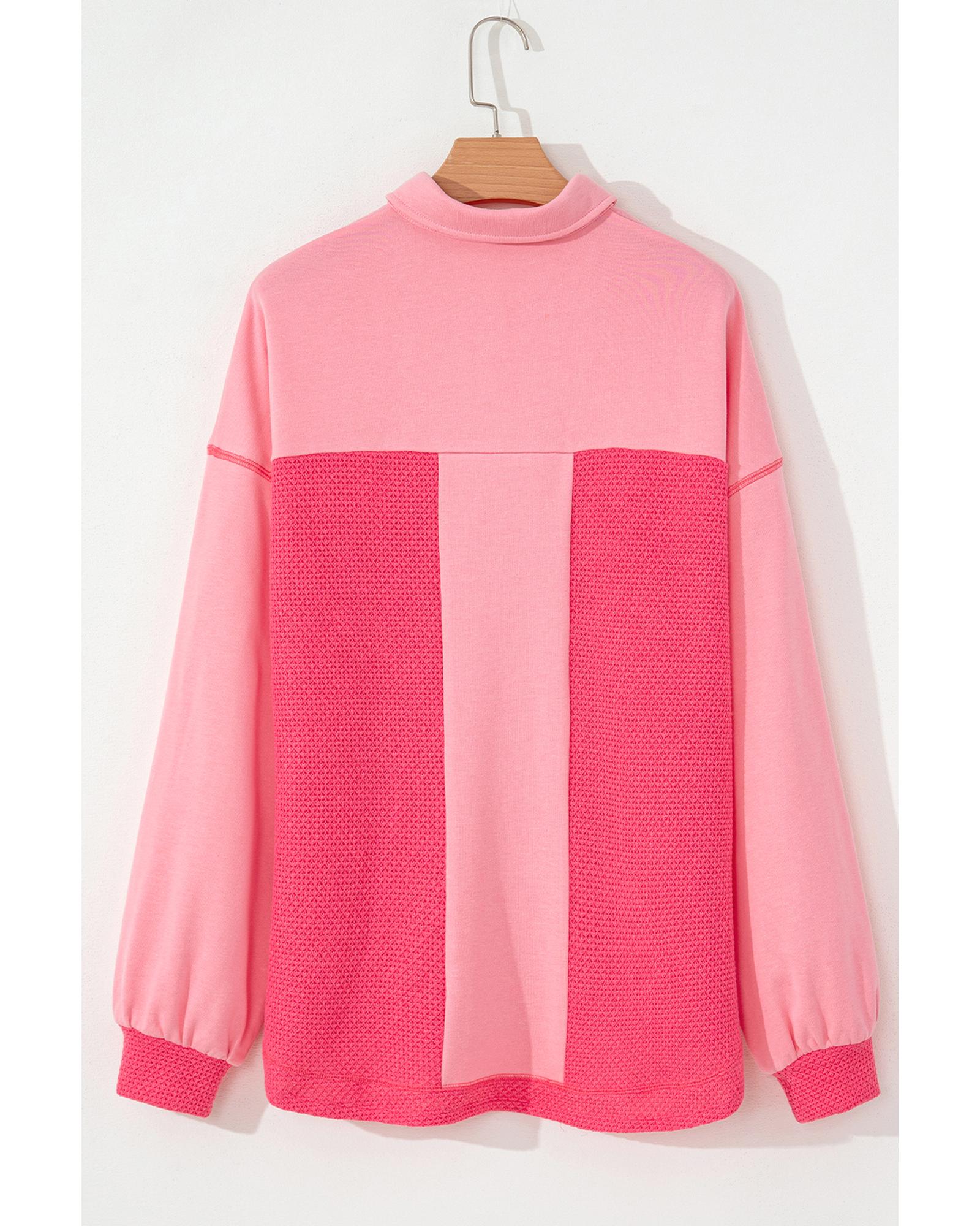 Peach Blossom Two Tone Contrast Waffle Knit Buttoned Loose Shacket - L 8