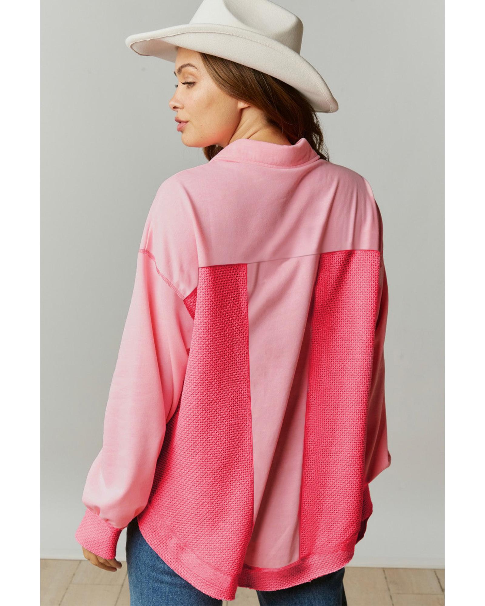 Peach Blossom Two Tone Contrast Waffle Knit Buttoned Loose Shacket - S 3