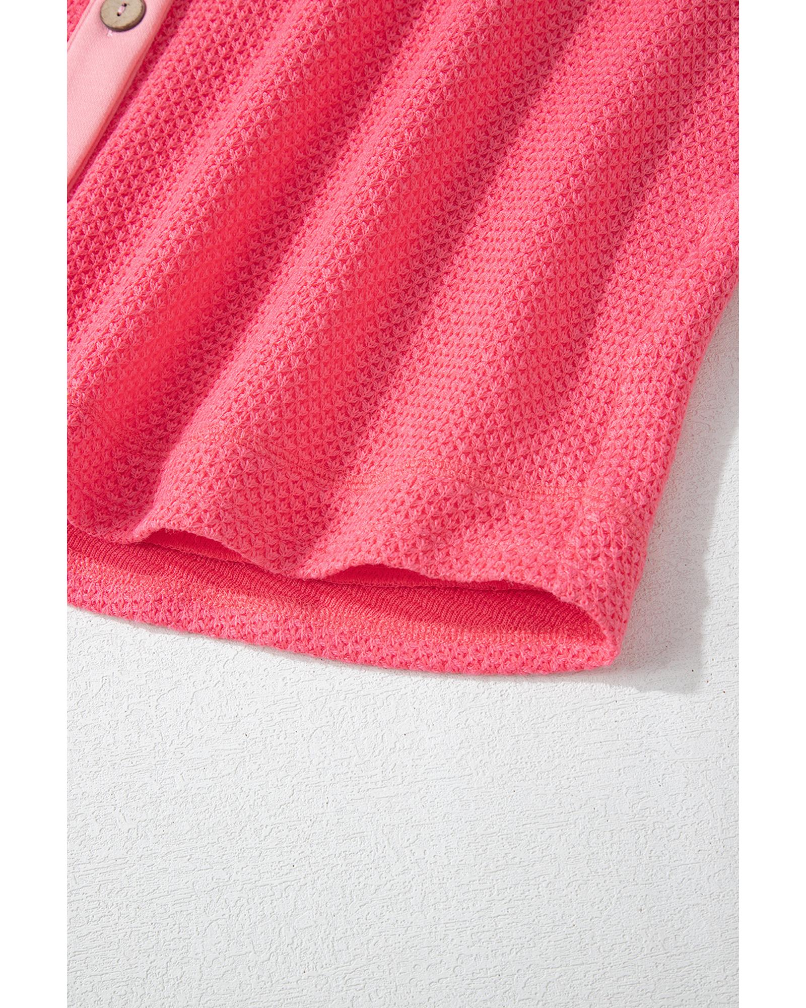 Peach Blossom Two Tone Contrast Waffle Knit Buttoned Loose Shacket - S 5