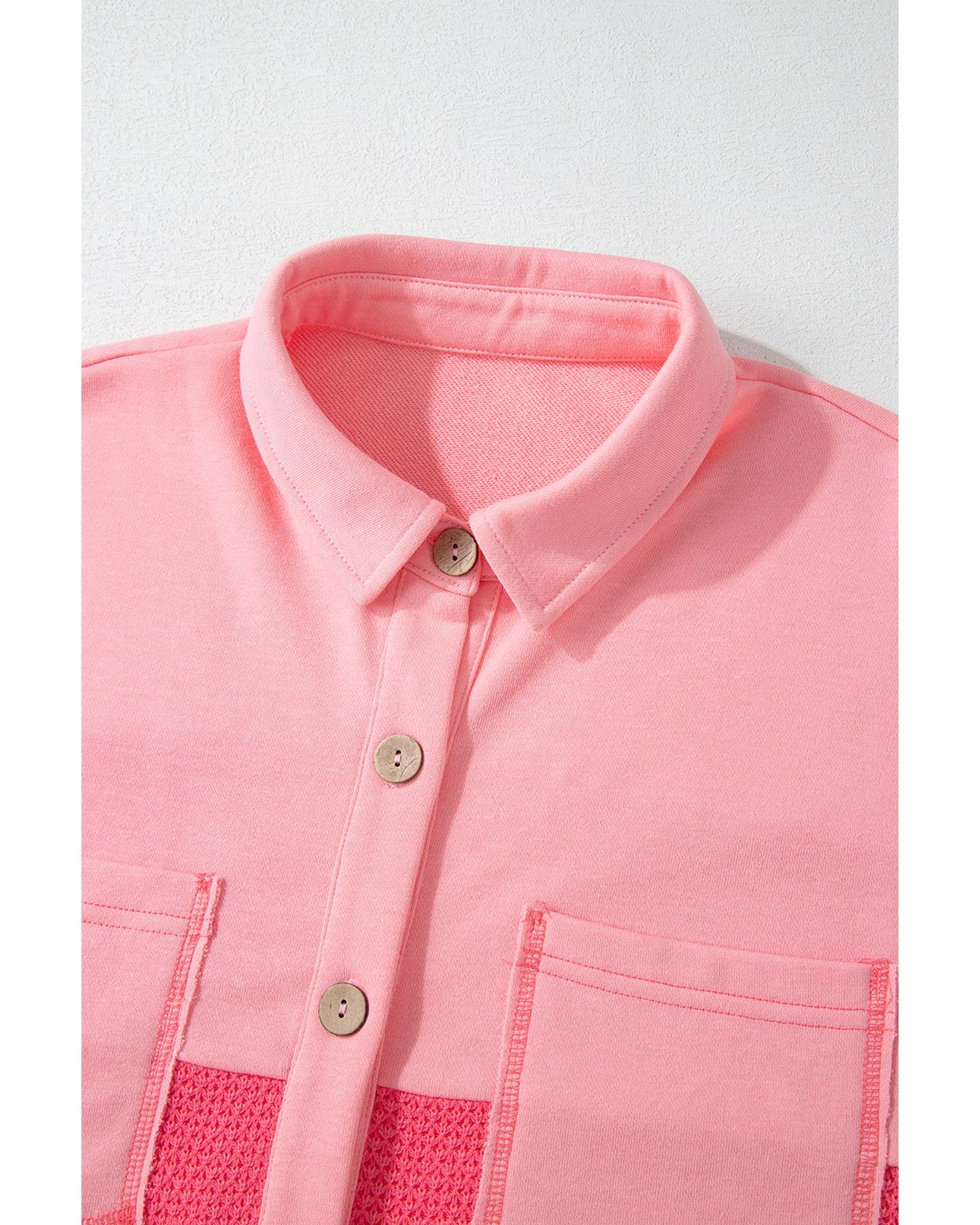 Peach Blossom Two Tone Contrast Waffle Knit Buttoned Loose Shacket - XL