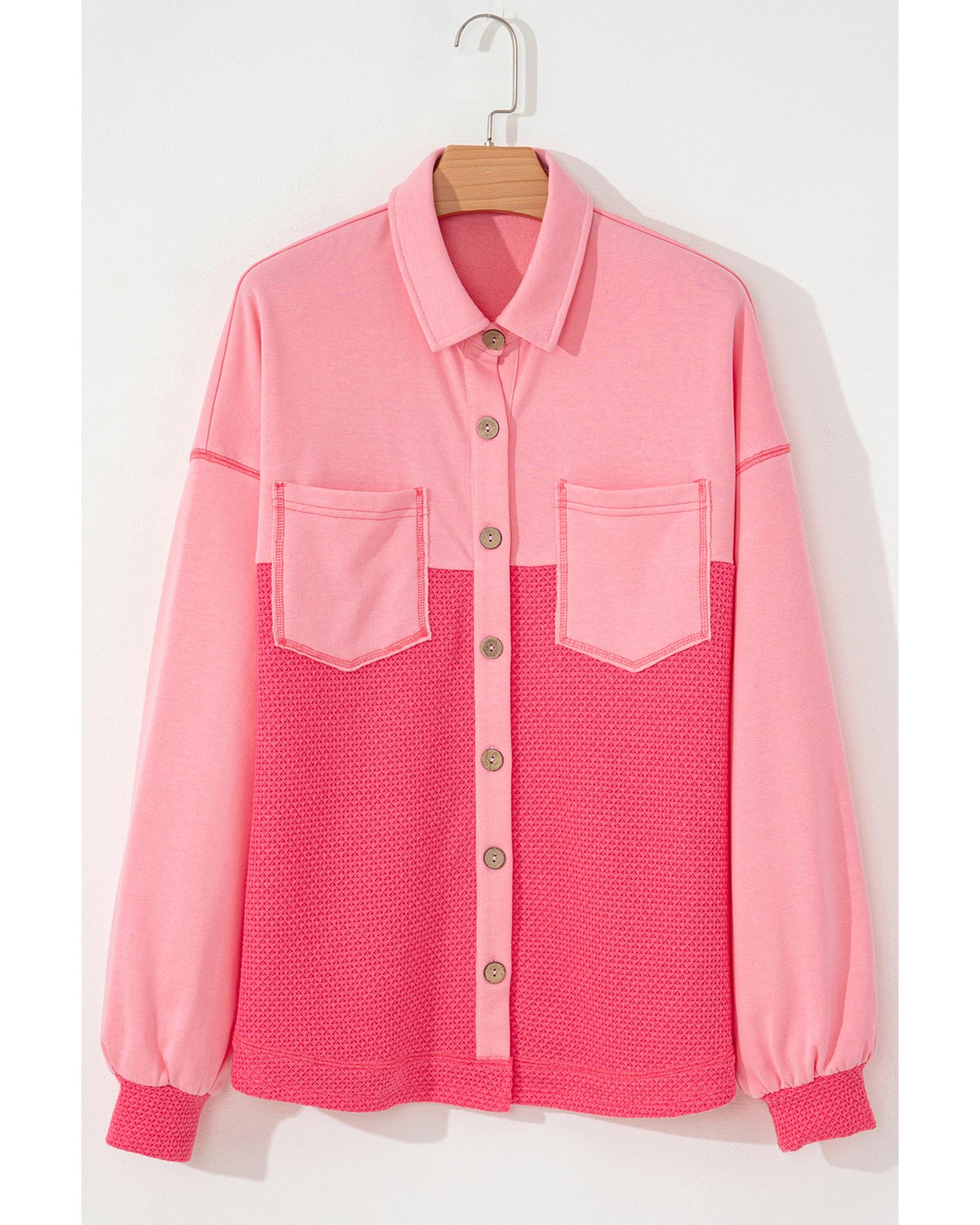 Peach Blossom Two Tone Contrast Waffle Knit Buttoned Loose Shacket - XL 3