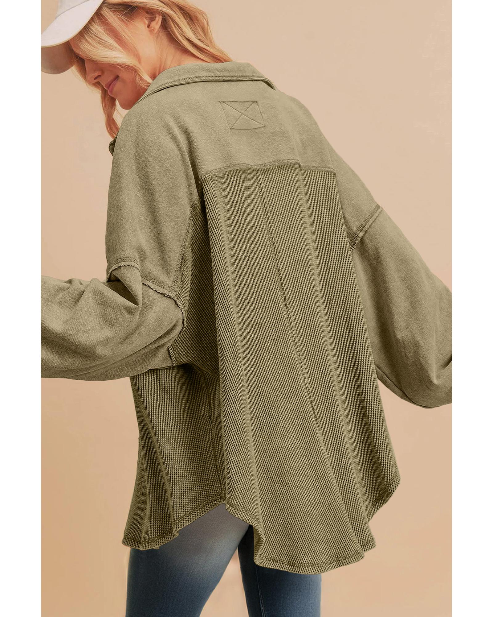 Moss Green Waffle Knit Patchwork Buttoned Oversized Shacket - 2XL 4