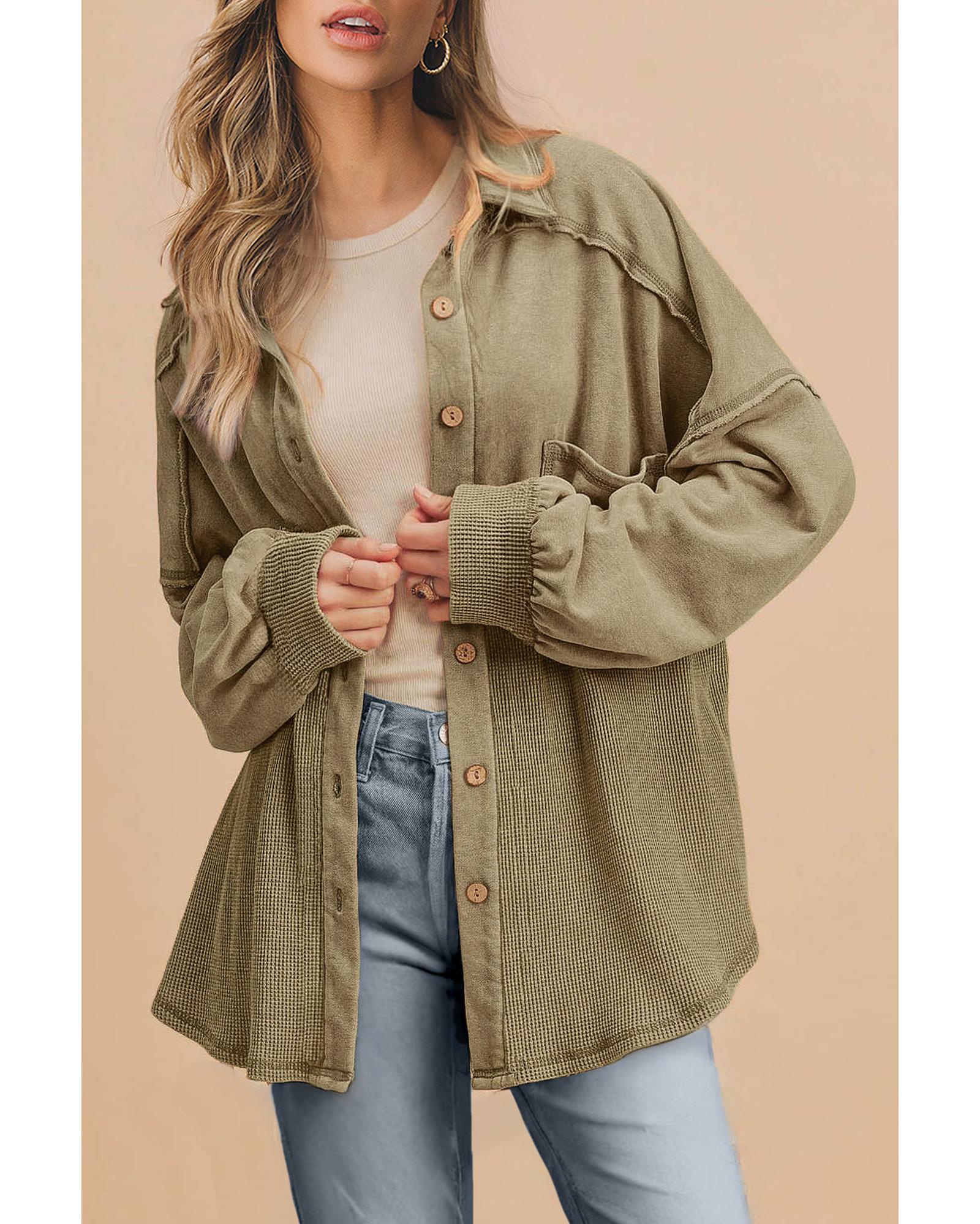 Moss Green Waffle Knit Patchwork Buttoned Oversized Shacket - 2XL 5