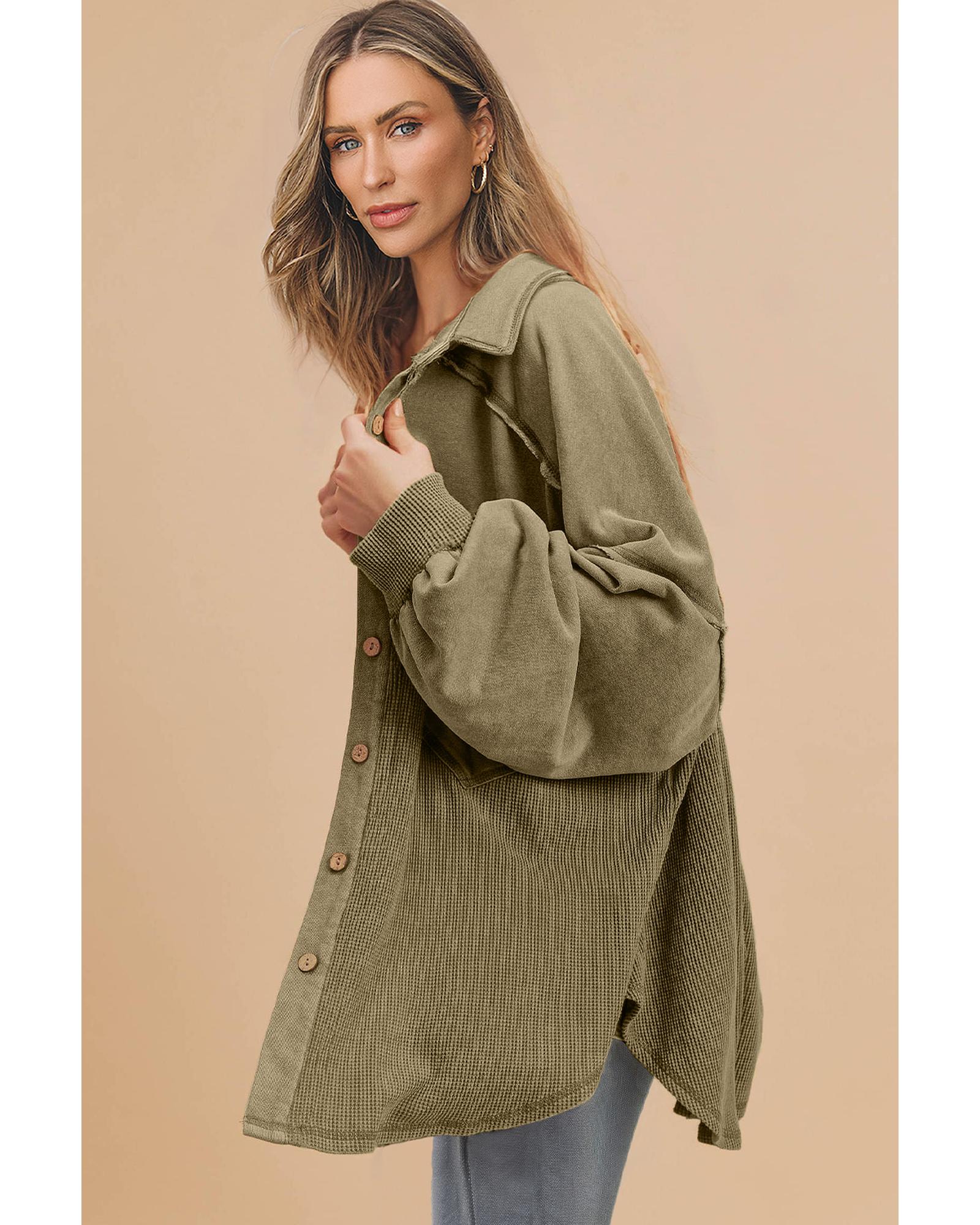 Moss Green Waffle Knit Patchwork Buttoned Oversized Shacket - XL 3