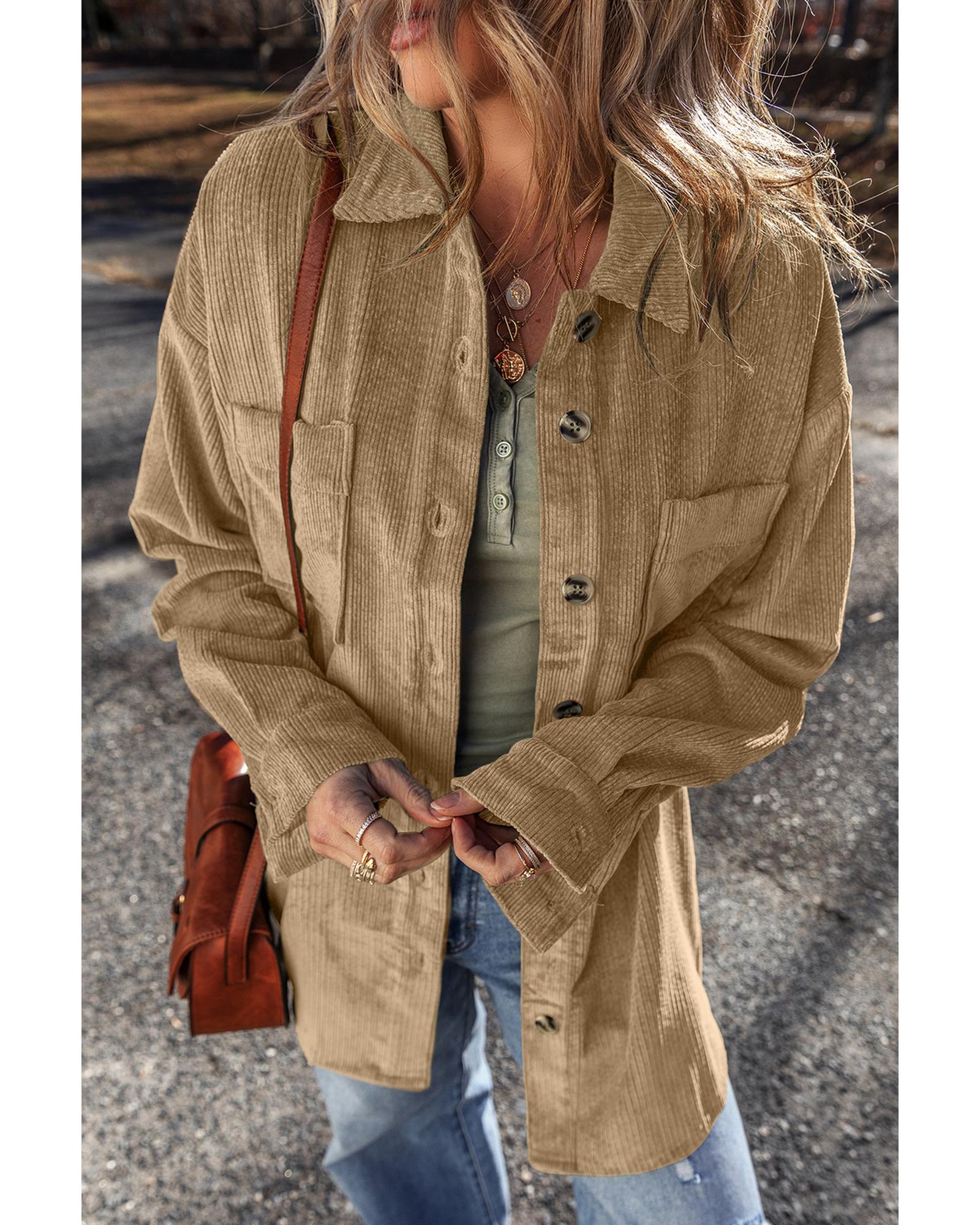 Light French Beige Patched Pocket Button Up Corduroy Shacket - 2XL