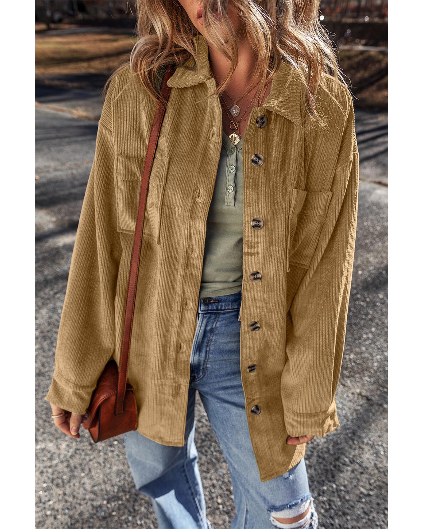 Light French Beige Patched Pocket Button Up Corduroy Shacket - 2XL 7