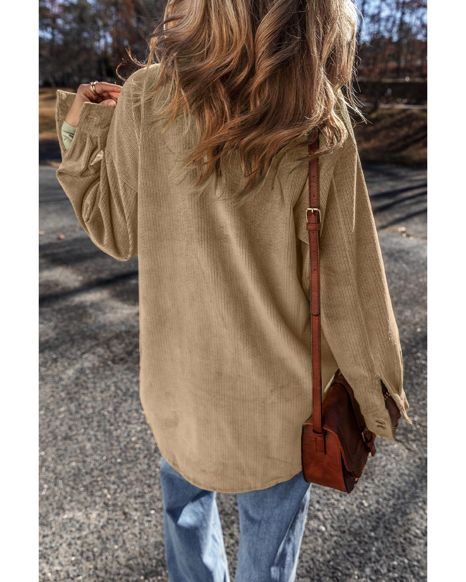 Light French Beige Patched Pocket Button Up Corduroy Shacket - L 8