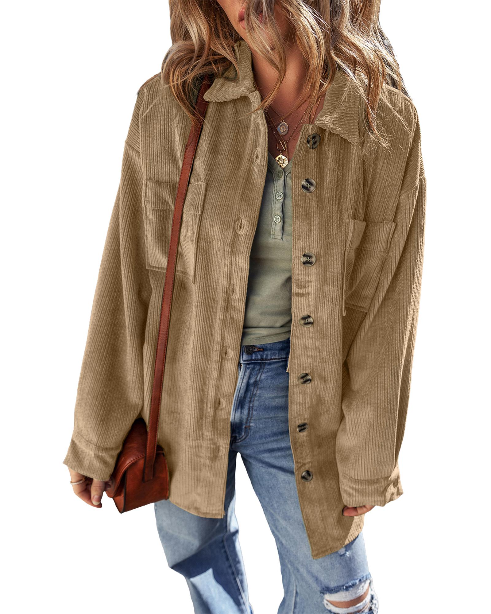 Light French Beige Patched Pocket Button Up Corduroy Shacket - S