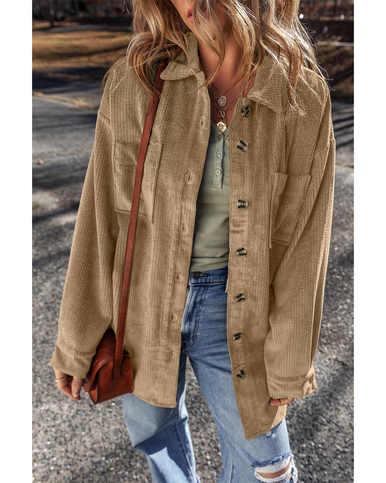 Light French Beige Patched Pocket Button Up Corduroy Shacket - XL 3