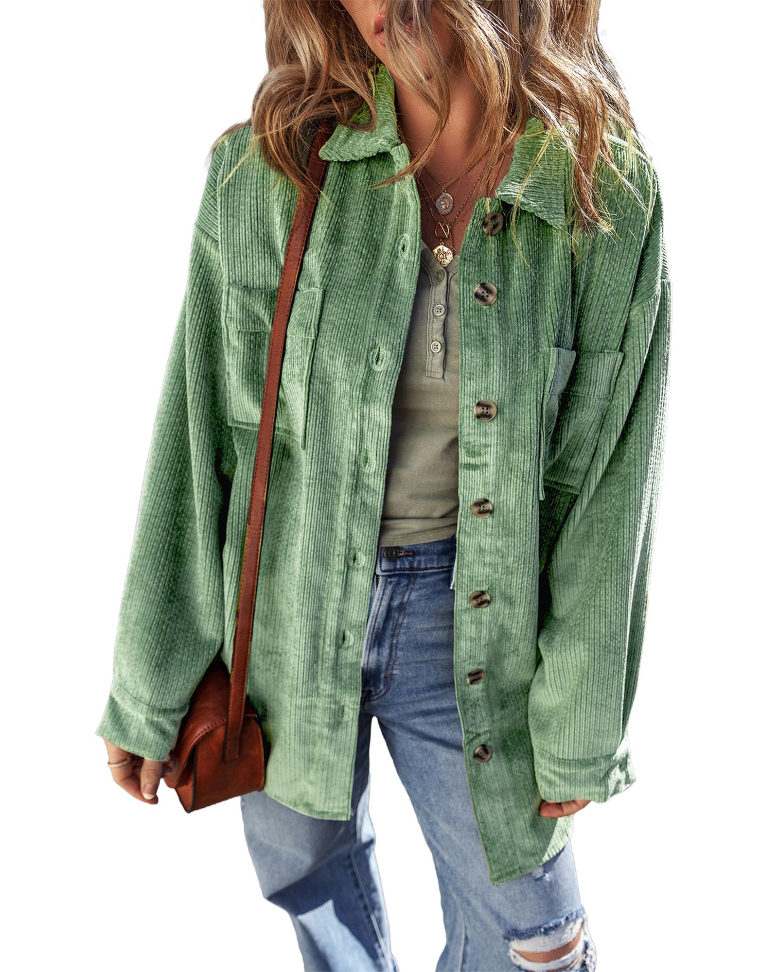 Mist Green Patched Pocket Button Up Corduroy Shacket - M 5