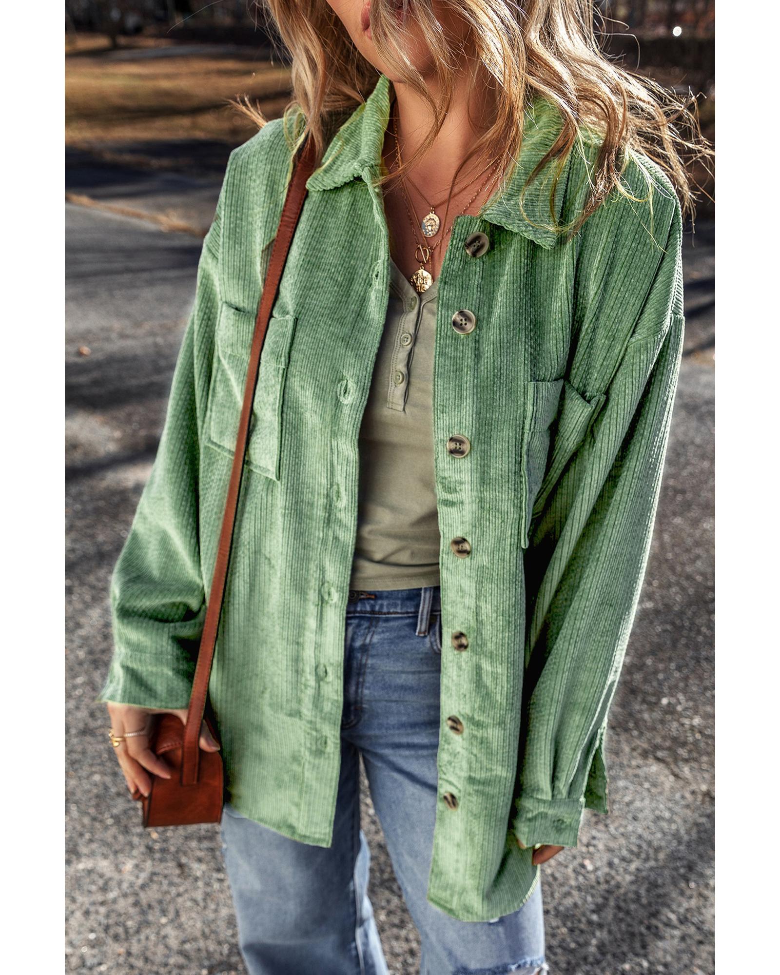 Mist Green Patched Pocket Button Up Corduroy Shacket - S 5