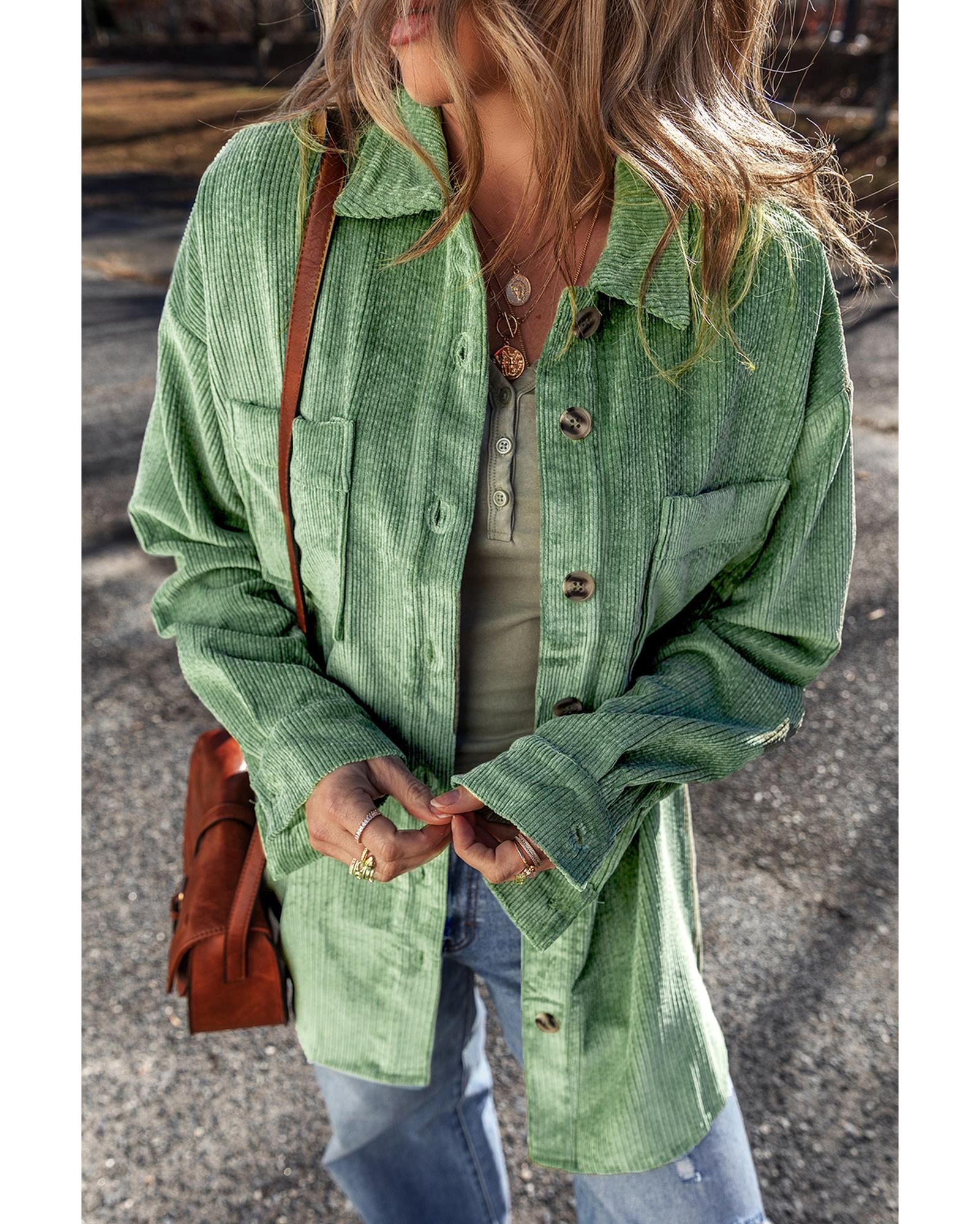 Mist Green Patched Pocket Button Up Corduroy Shacket - XL 4