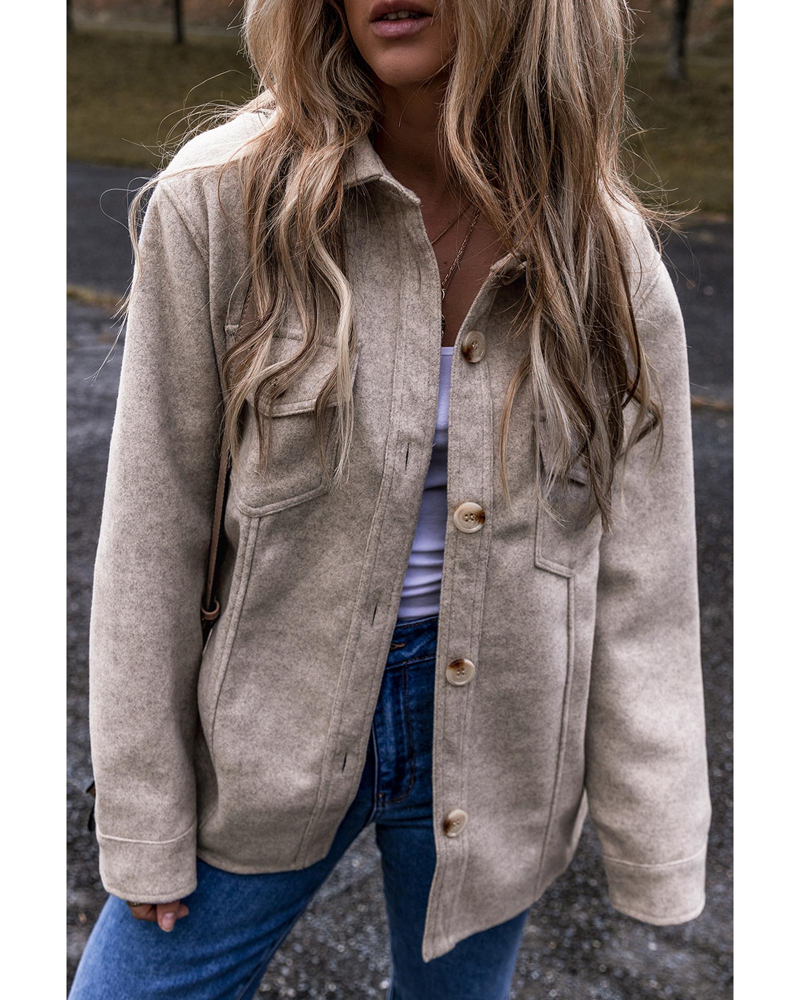 Light Grey Turn Down Collar Flap Pockets Buttoned Shacket - XL 5