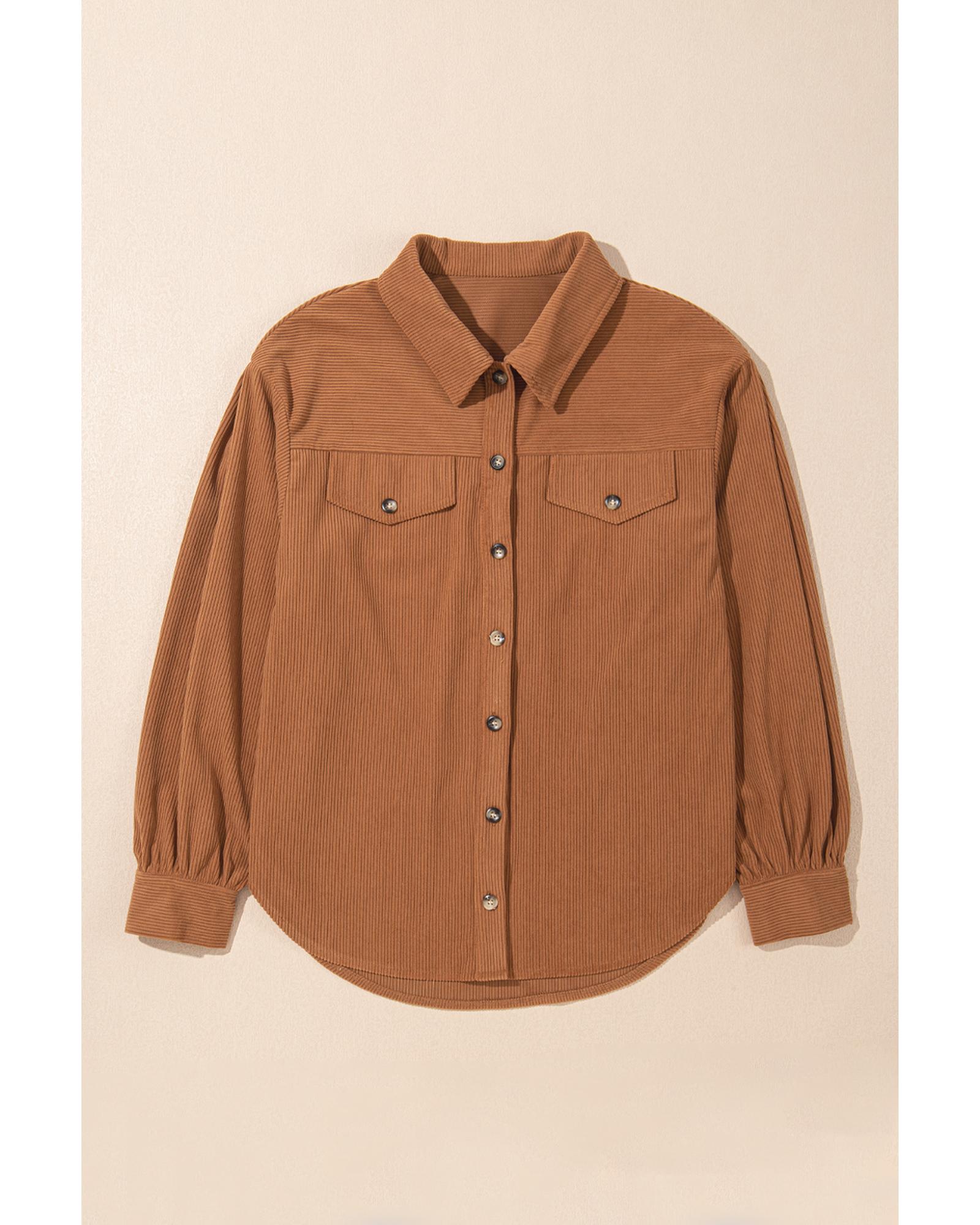 Cinnamon Corduroy Flap Pocket Button Up Round Hem Shacket - M