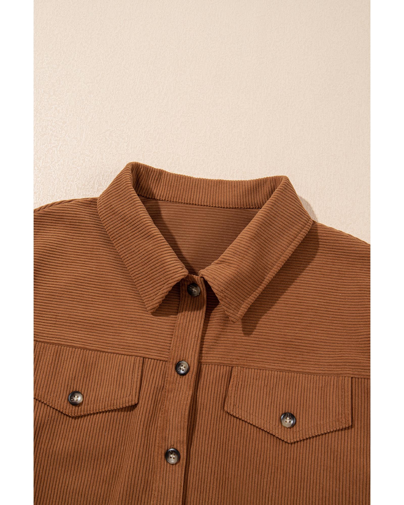 Cinnamon Corduroy Flap Pocket Button Up Round Hem Shacket - M 3