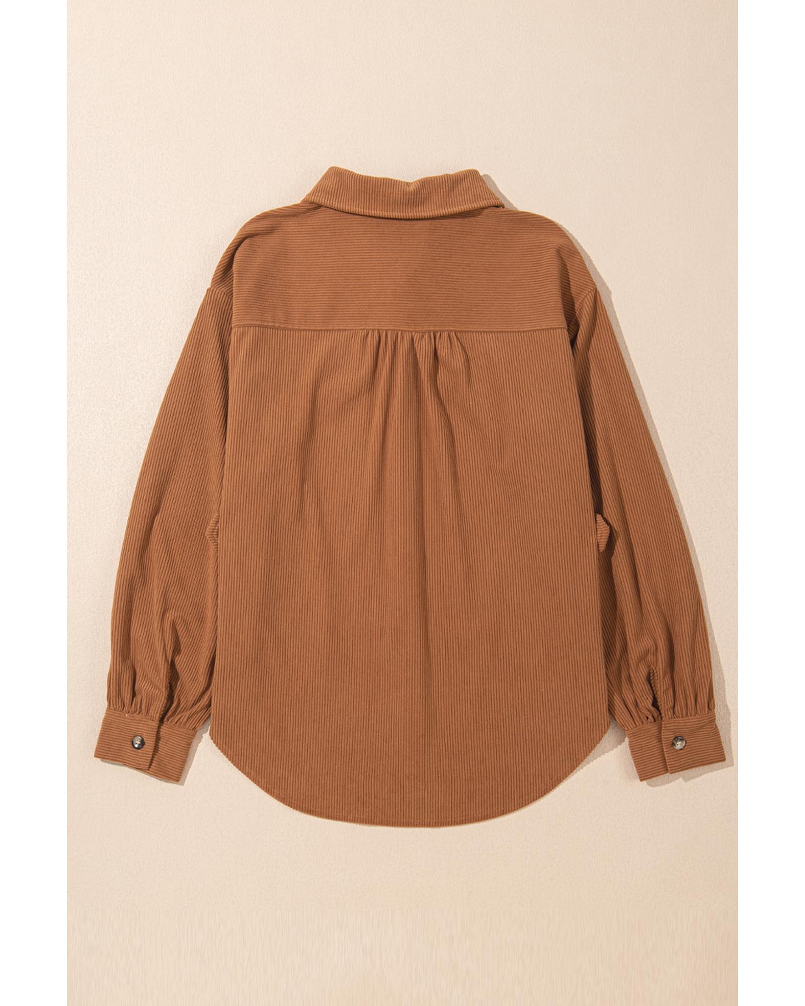 Cinnamon Corduroy Flap Pocket Button Up Round Hem Shacket - S