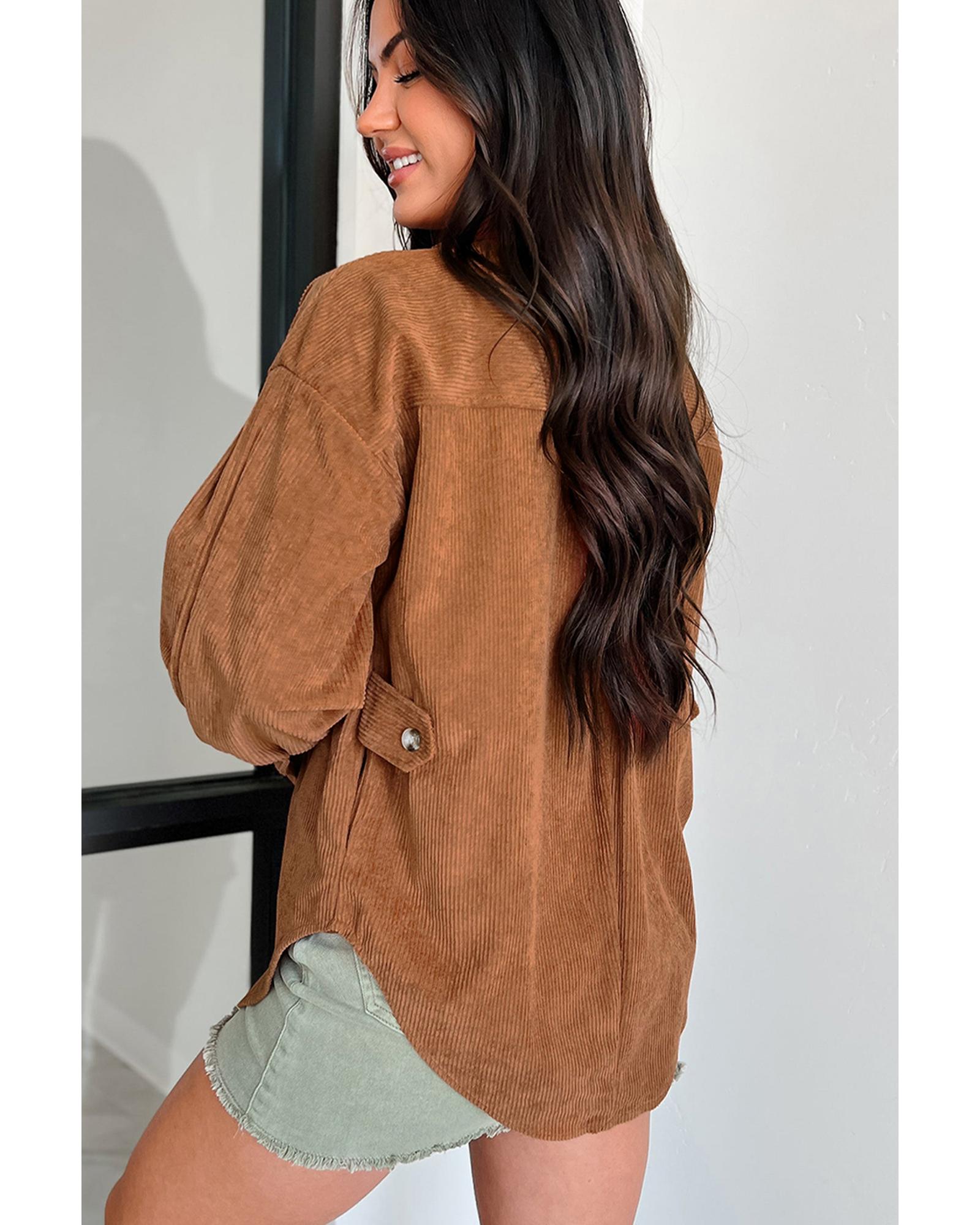Cinnamon Corduroy Flap Pocket Button Up Round Hem Shacket - XL 6