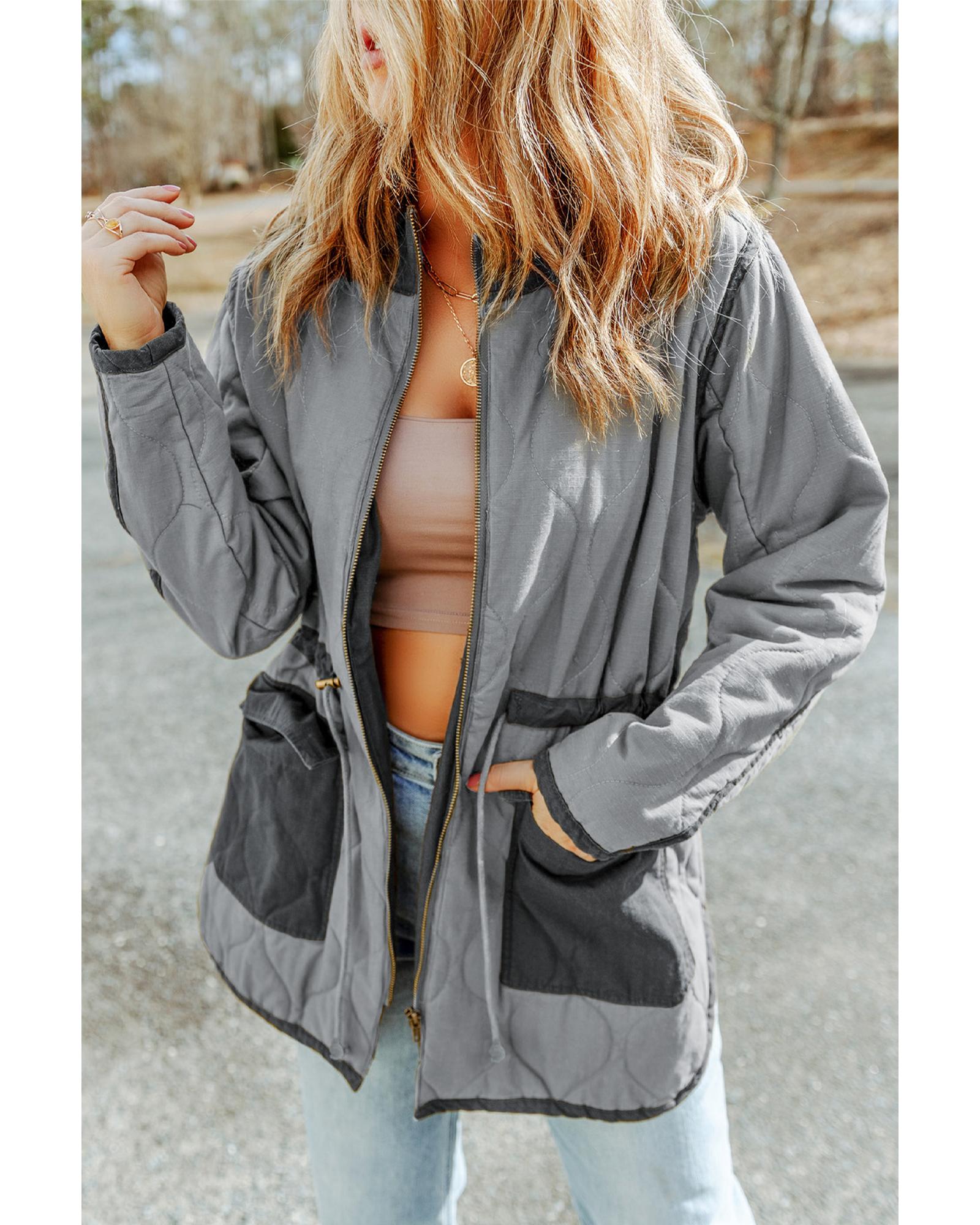 Gray Stitching Quilted Drawstring Jacket - L