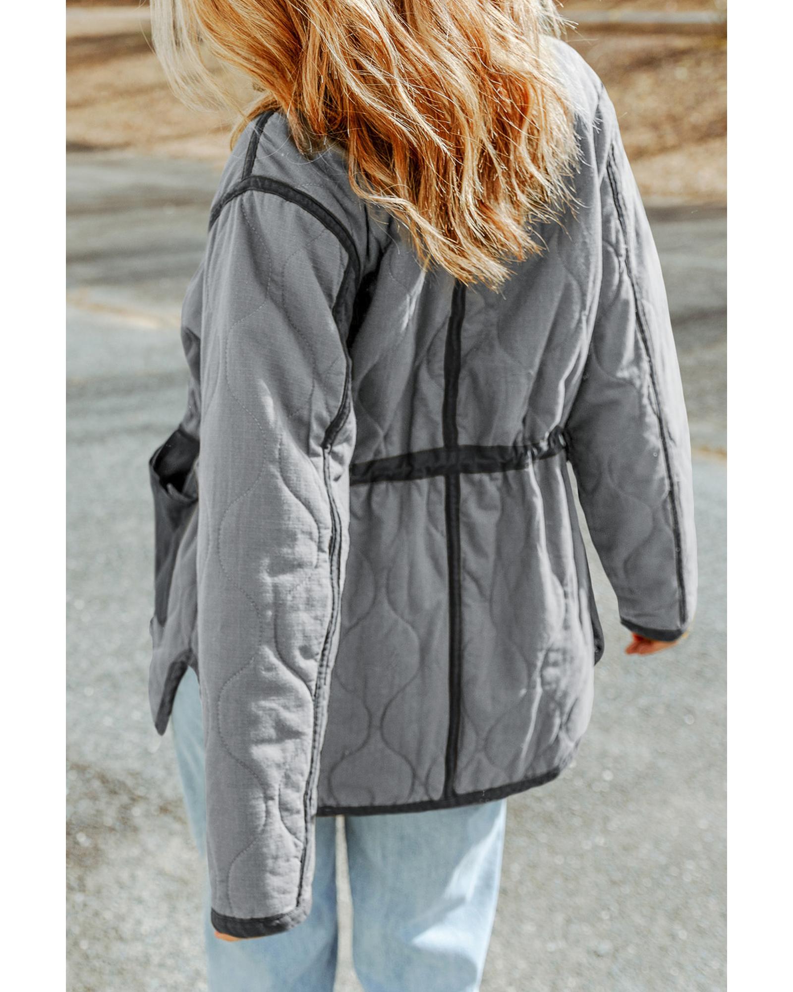 Gray Stitching Quilted Drawstring Jacket - M