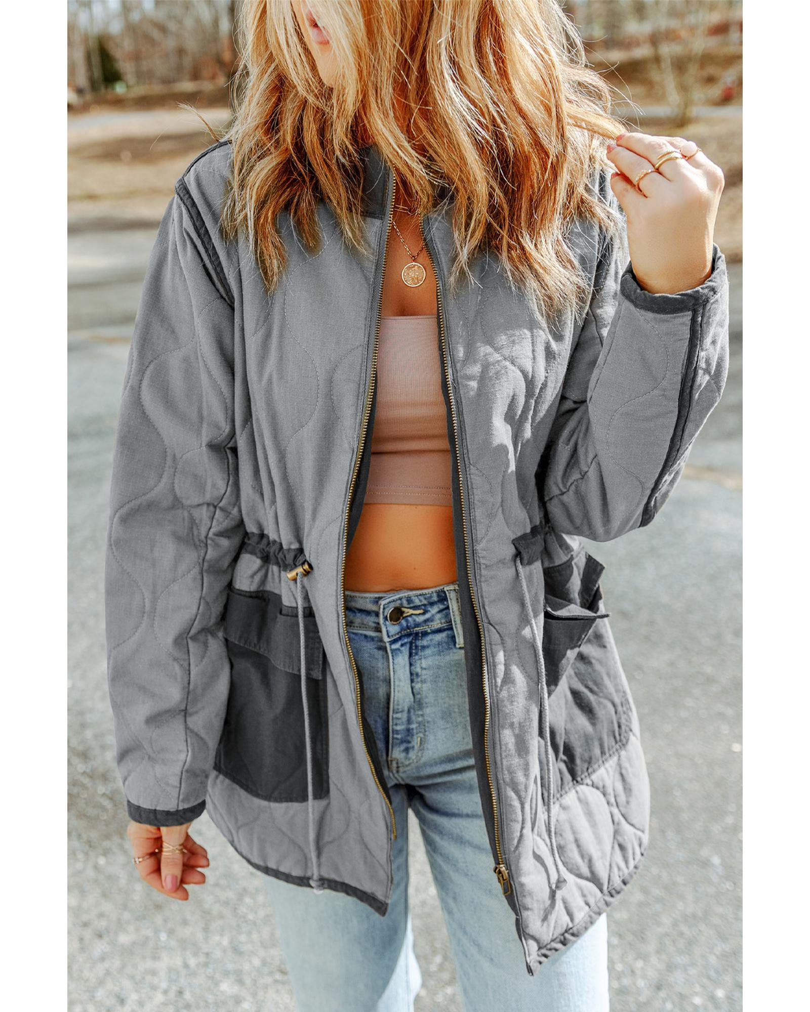 Gray Stitching Quilted Drawstring Jacket - M 4