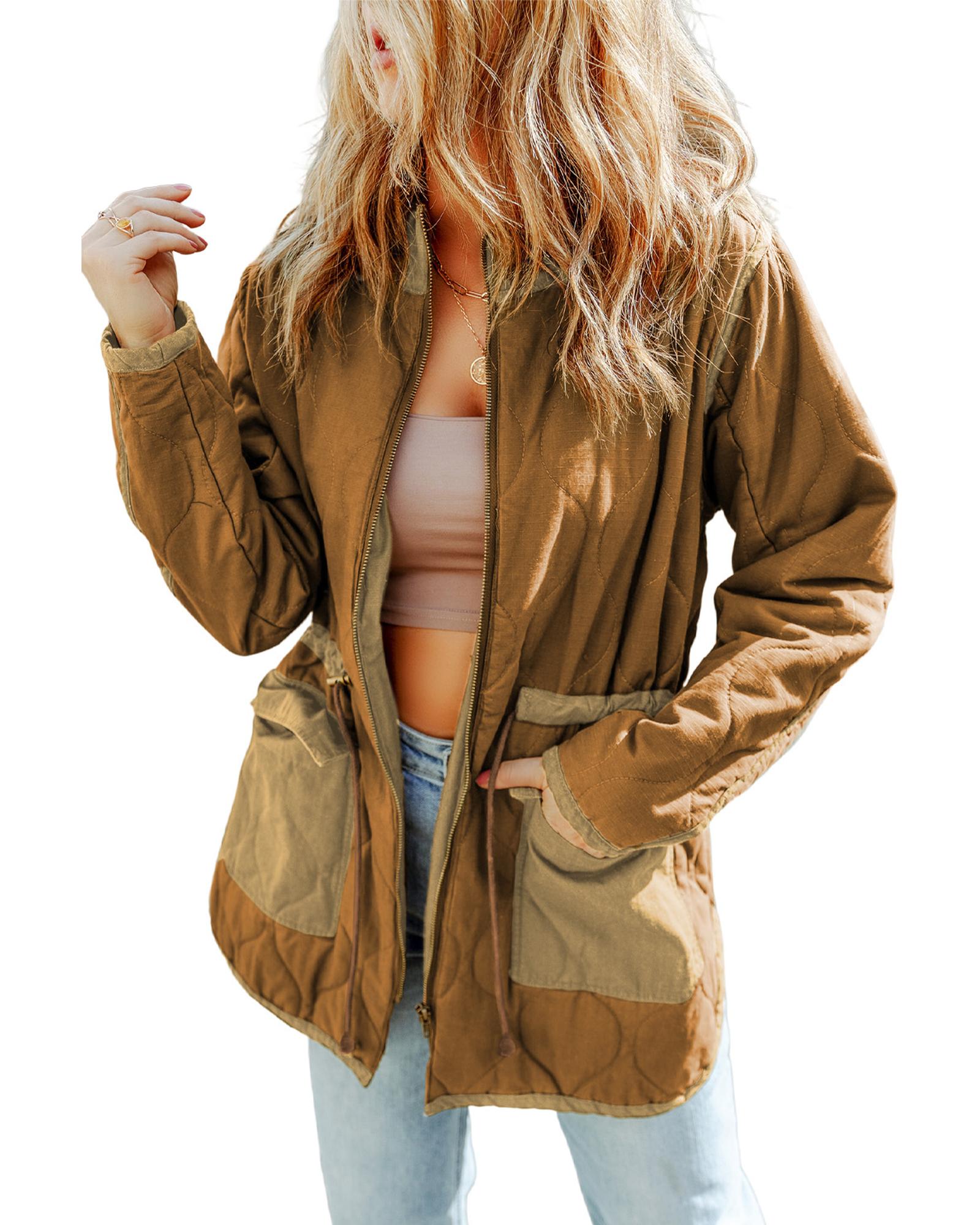 Azura Exchange Brown Stitching Quilted Drawstring Jacket - 2XL 4
