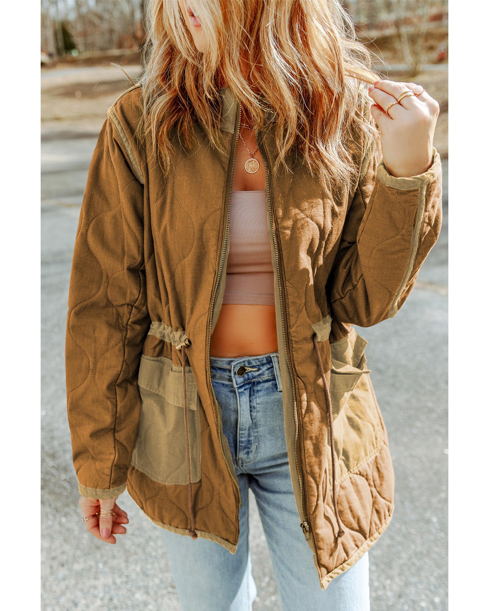 Azura Exchange Brown Stitching Quilted Drawstring Jacket - M