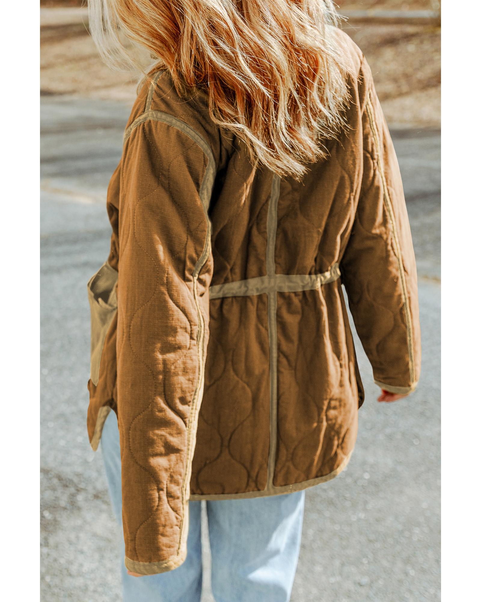 Azura Exchange Brown Stitching Quilted Drawstring Jacket - S 5