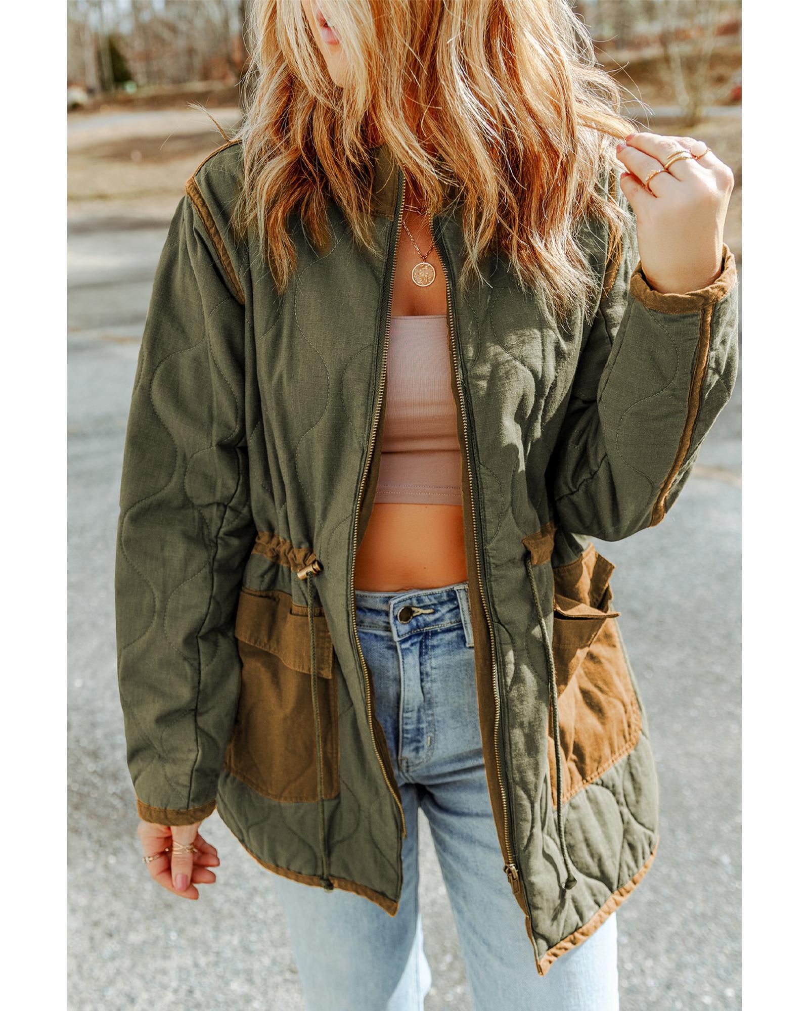 Green Stitching Quilted Drawstring Jacket - L