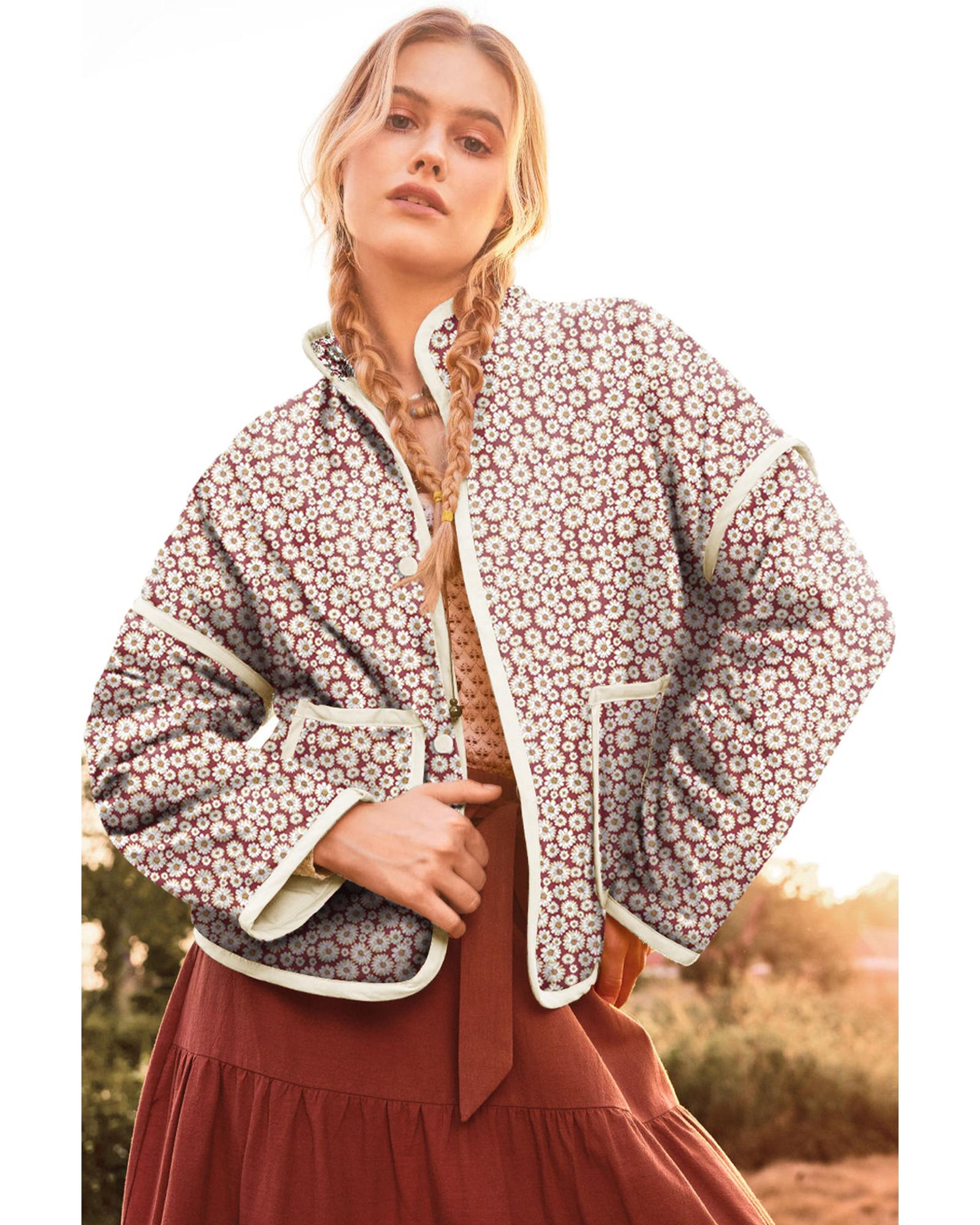 Pink Floral Print Contrast Edge Pocketed Stand Neck Jacket - S