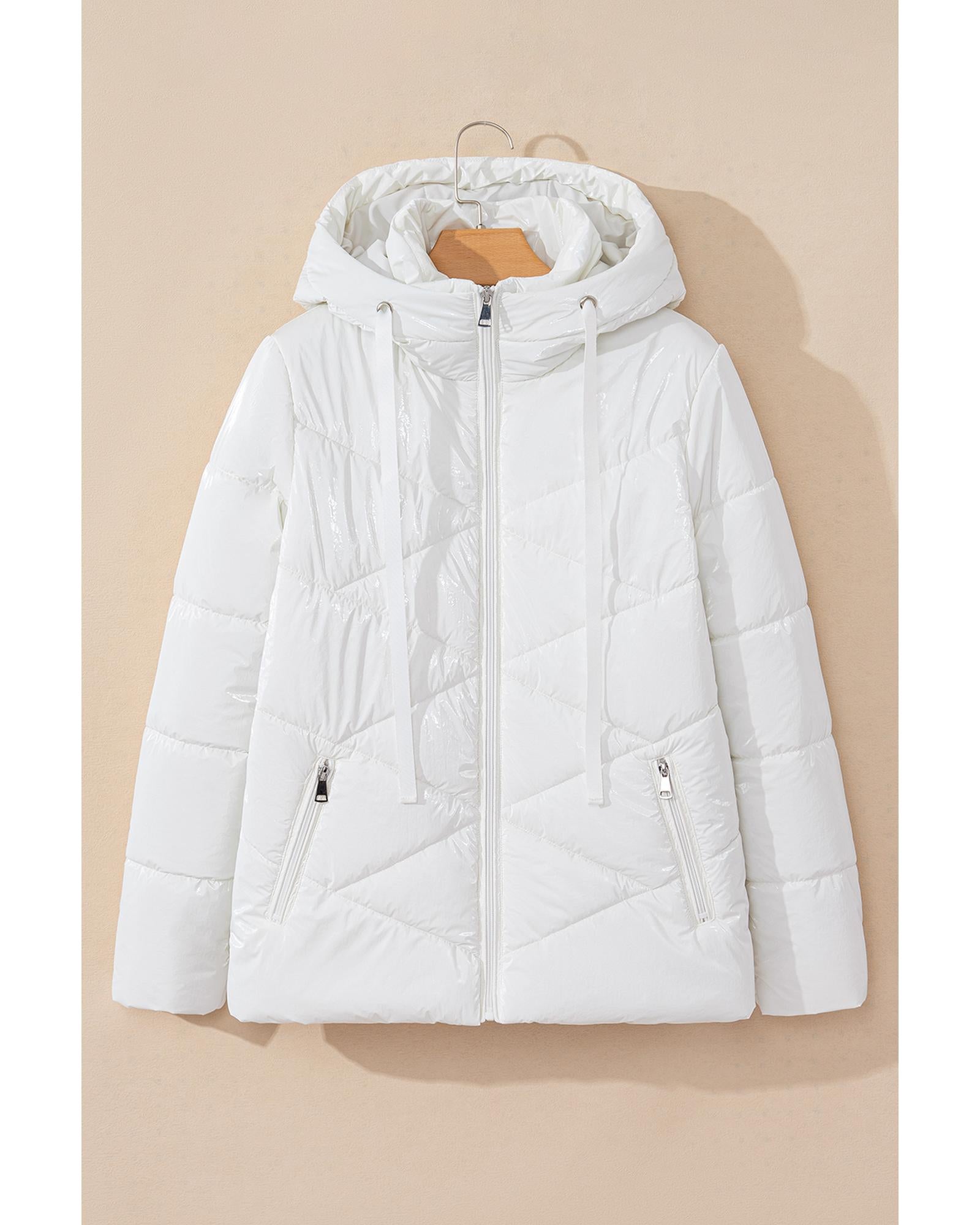 White Solid Quilted Hooded Zip Up Puffer Coat - L