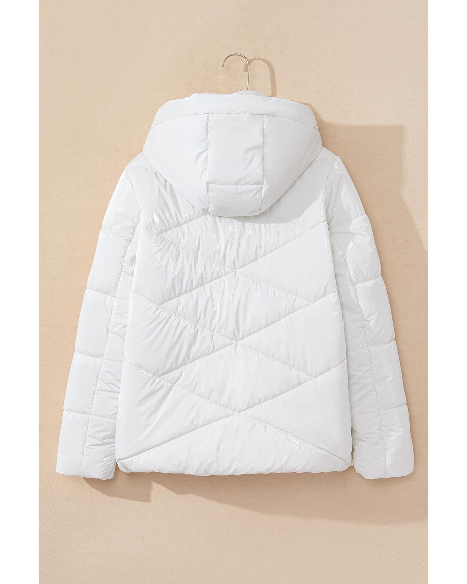 White Solid Quilted Hooded Zip Up Puffer Coat - L