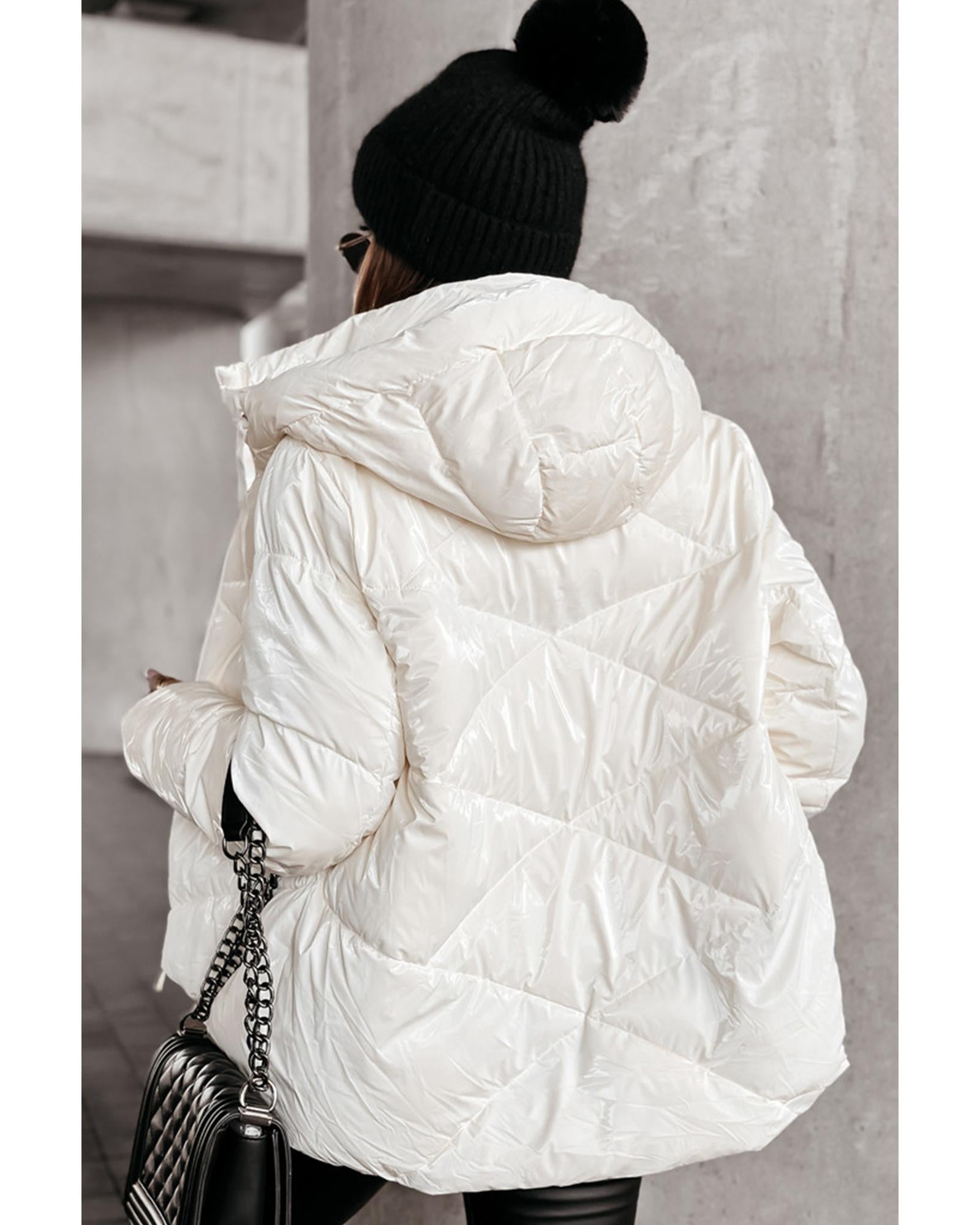 White Solid Quilted Hooded Zip Up Puffer Coat - L 3