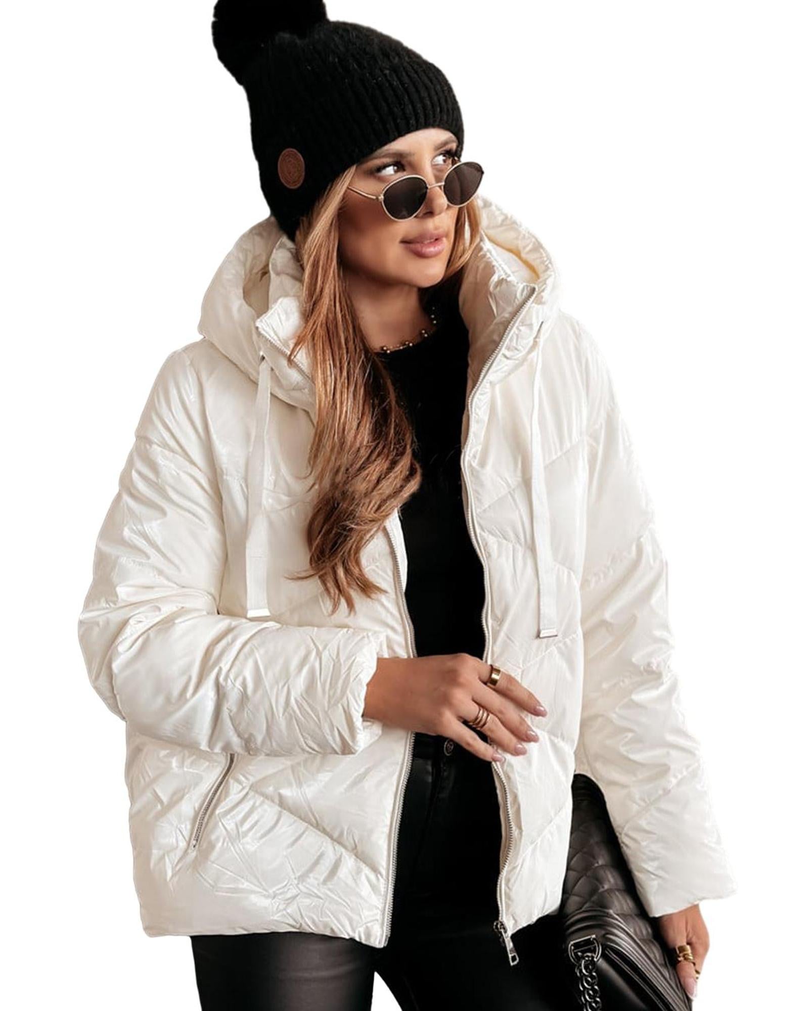 White Solid Quilted Hooded Zip Up Puffer Coat - L 4
