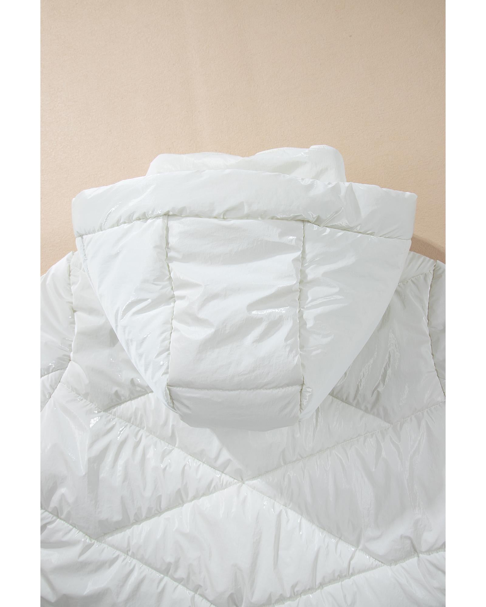 White Solid Quilted Hooded Zip Up Puffer Coat - L 8