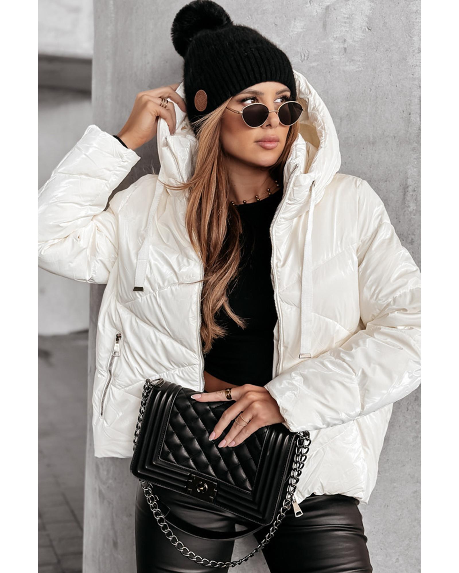 White Solid Quilted Hooded Zip Up Puffer Coat - M 5
