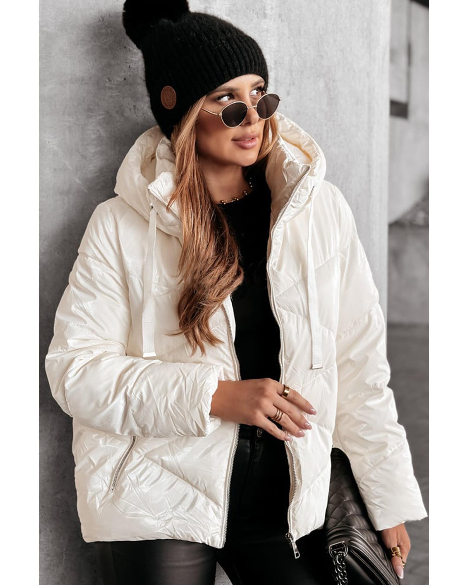 White Solid Quilted Hooded Zip Up Puffer Coat - XL 5