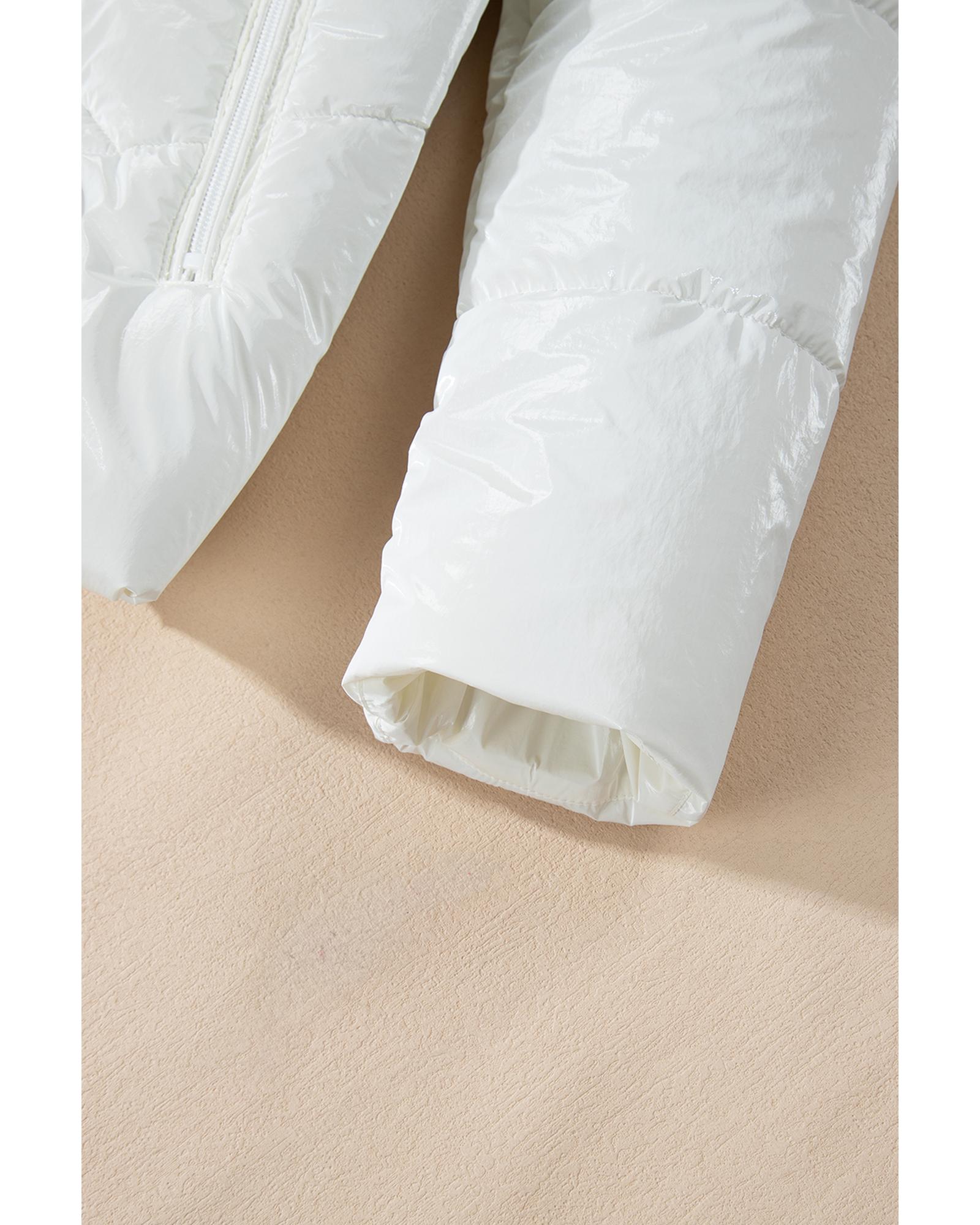 White Solid Quilted Hooded Zip Up Puffer Coat - XL 7