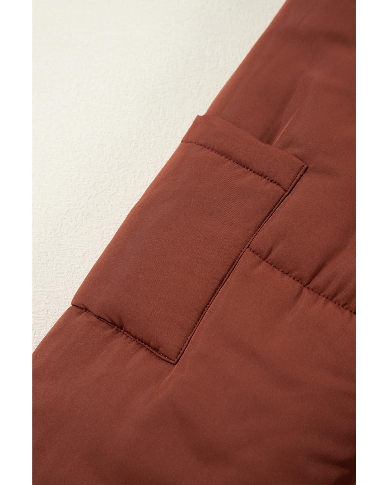 Coffee Quilted Puffer Stand Neck Zipped Mid-length Coat - L 6