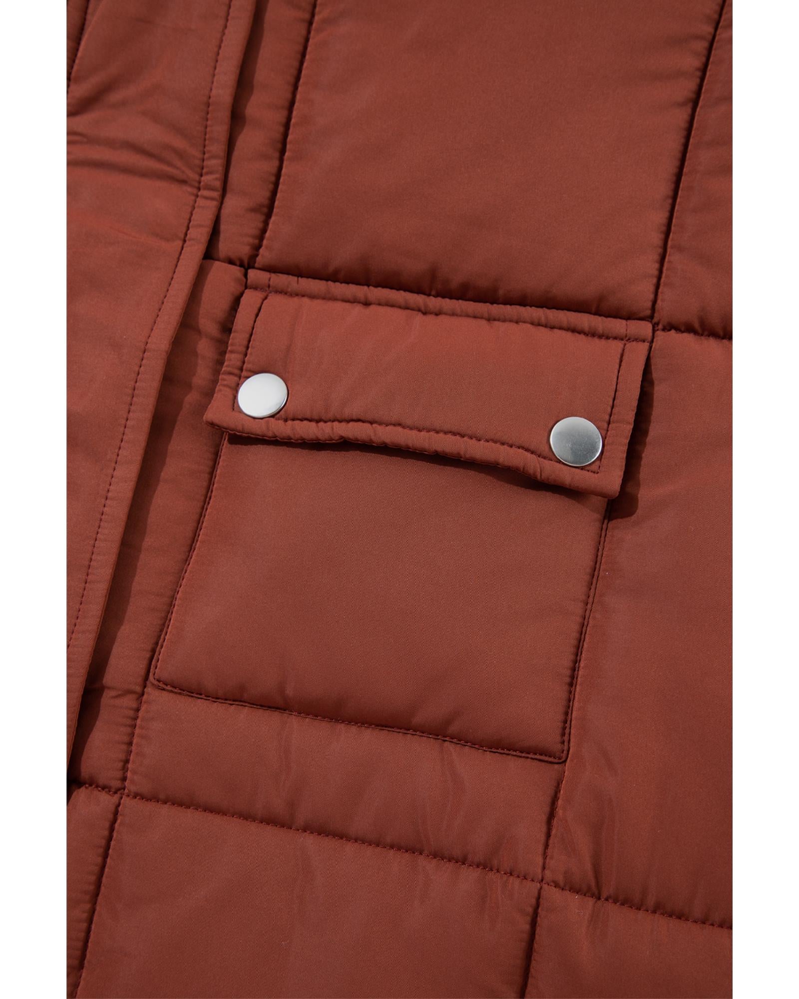 Coffee Quilted Puffer Stand Neck Zipped Mid-length Coat - M