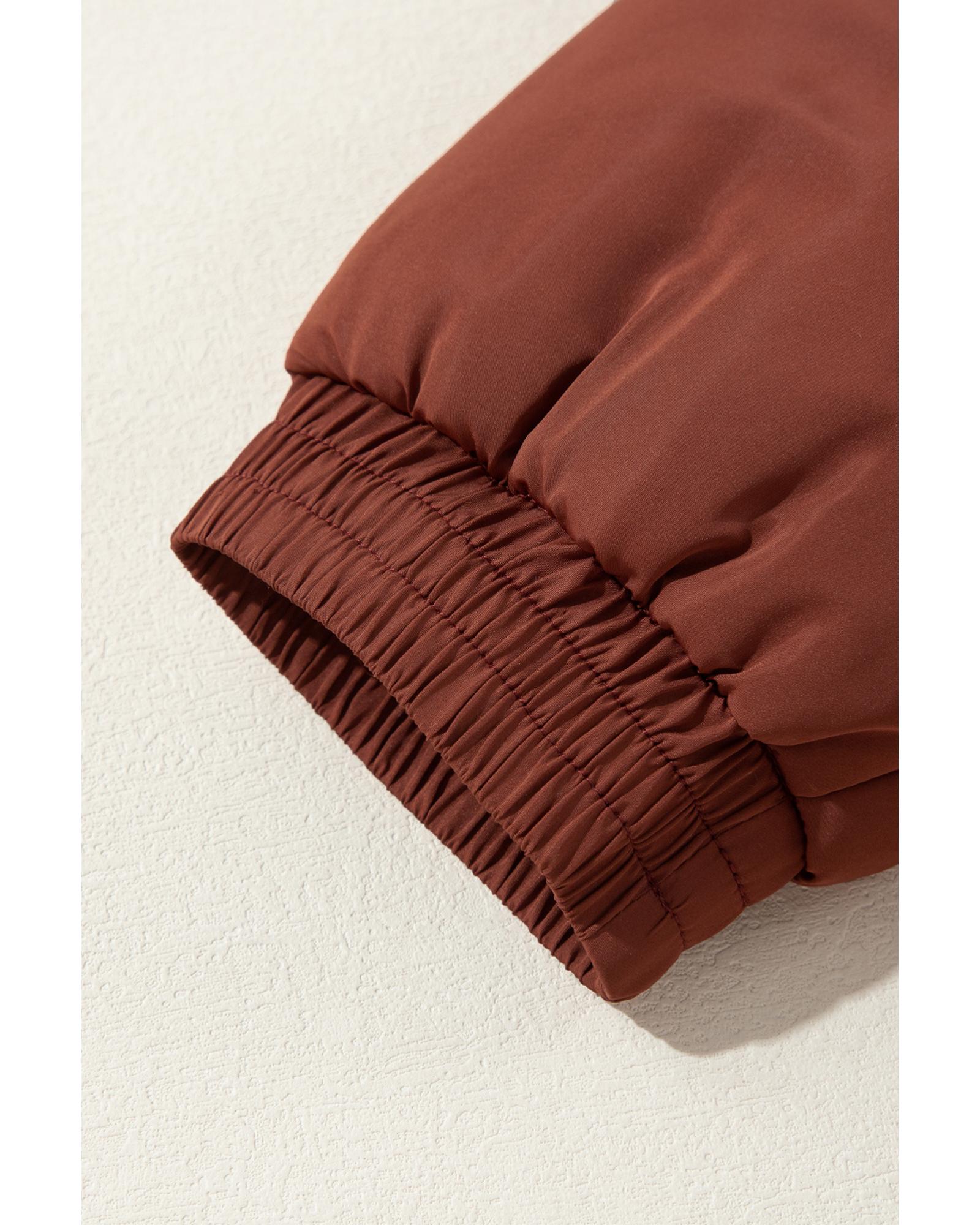 Coffee Quilted Puffer Stand Neck Zipped Mid-length Coat - M