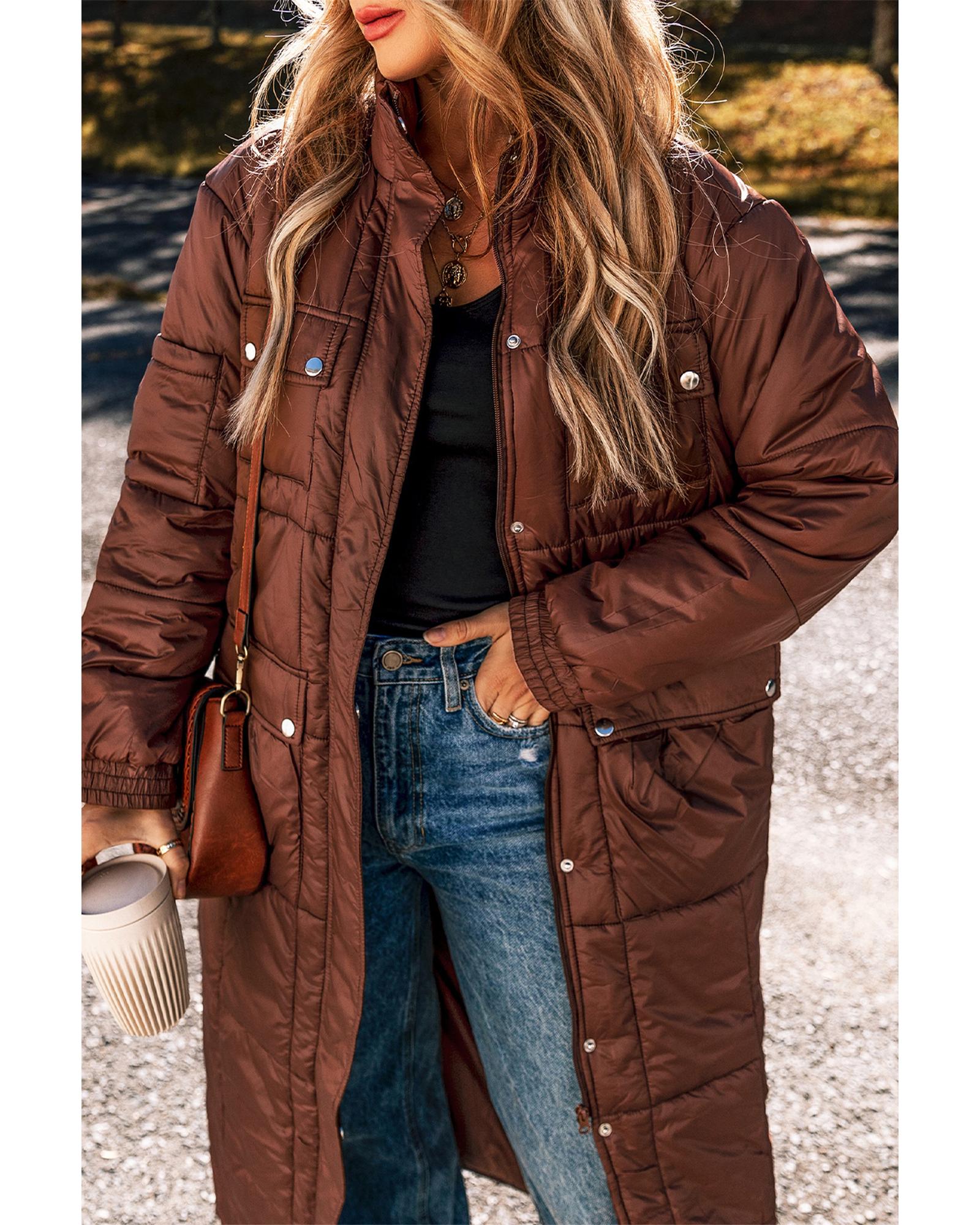 Coffee Quilted Puffer Stand Neck Zipped Mid-length Coat - M 4