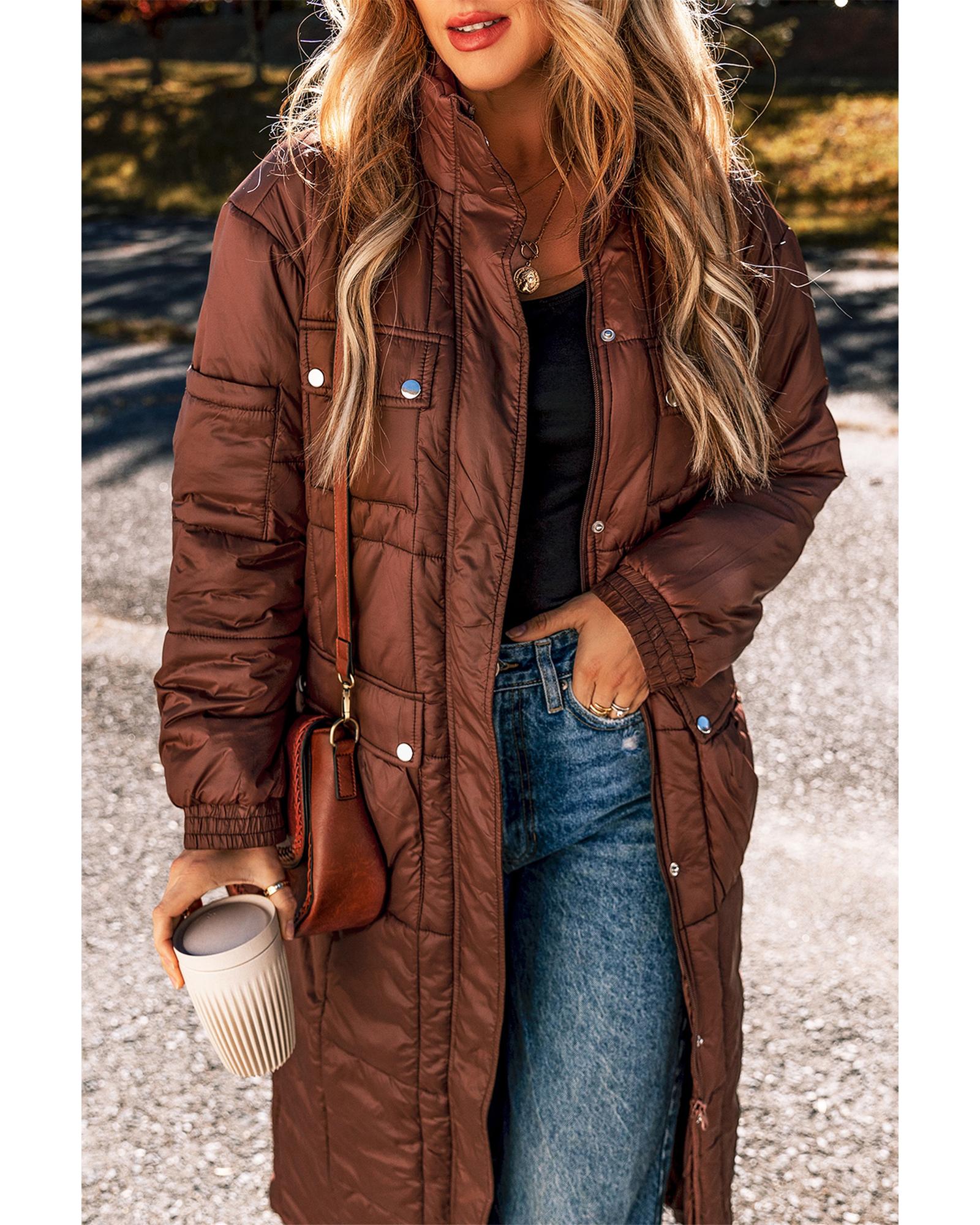 Coffee Quilted Puffer Stand Neck Zipped Mid-length Coat - M 5